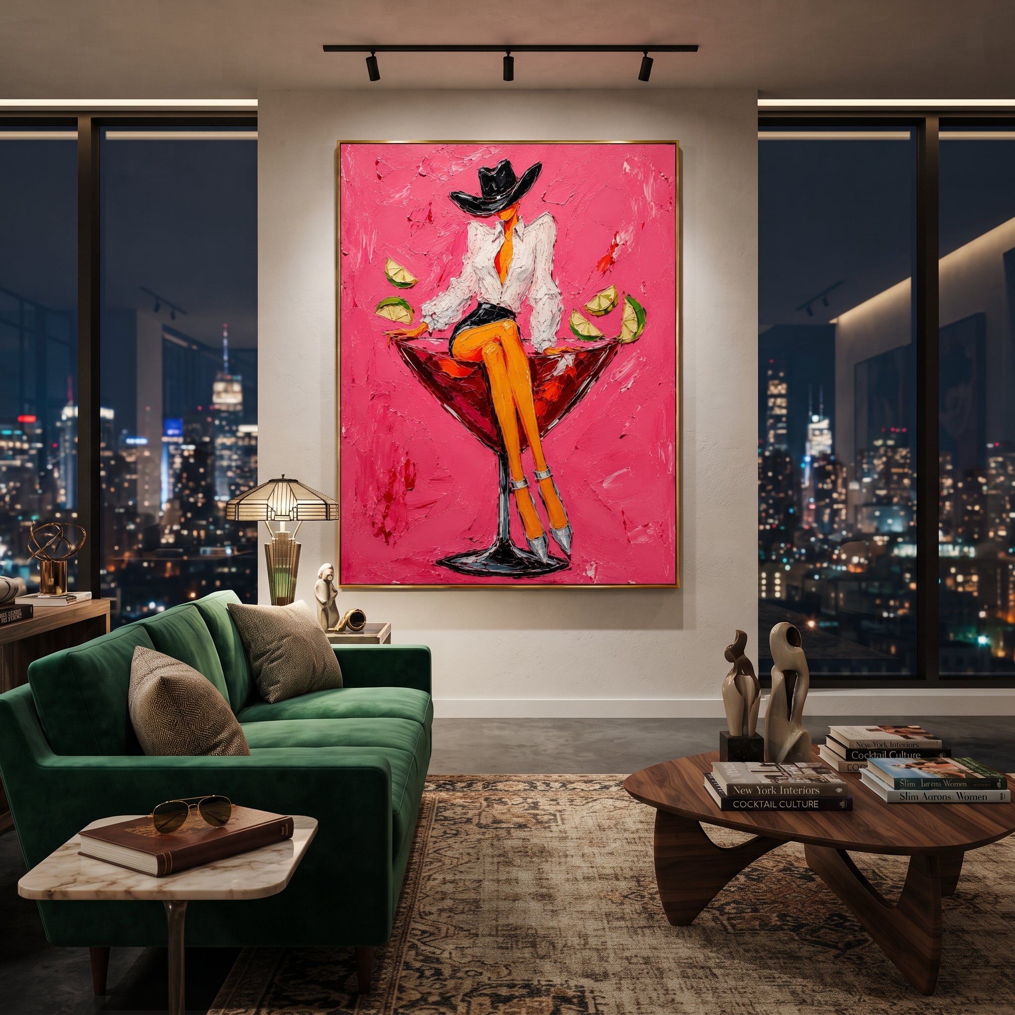 "Cowgirl Martini Glass Painting" focuses on atmosphere, surface movement, and sculptural heavy impasto craftsmanship rather than a fixed literal storyline. The composition uses this hand-painted vertical canvas features a stylish cowgirl sitting on the rim of a red martini glass against a vivid pink plaster background as the visual anchor, while layered palette-knife paint, raised plaster-like texture, and softened brush movement create tactile depth across the canvas. Curated with a balanced