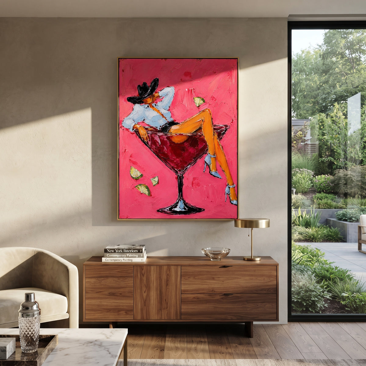 "Reclining Cowgirl Cocktail Painting" focuses on atmosphere, surface movement, and sculptural heavy impasto craftsmanship rather than a fixed literal storyline. The composition uses this hand-painted vertical canvas shows a cowgirl reclining across a red martini glass against a saturated pink plaster background as the visual anchor, while layered palette-knife paint, raised plaster-like texture, and softened brush movement create tactile depth across the canvas. Curated with a balanced pink