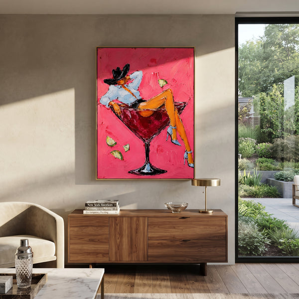 "Reclining Cowgirl Cocktail Painting" - Modern Heavy Impasto Western Animal Artwork | Pink & Orange Palette Knife Painting | Luxury Vertical Wall Art #PT 1527