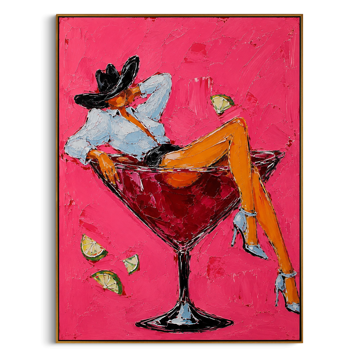 "Reclining Cowgirl Cocktail Painting" - Modern Heavy Impasto Western Animal Artwork | Pink & Orange Palette Knife Painting | Luxury Vertical Wall Art #PT 1527