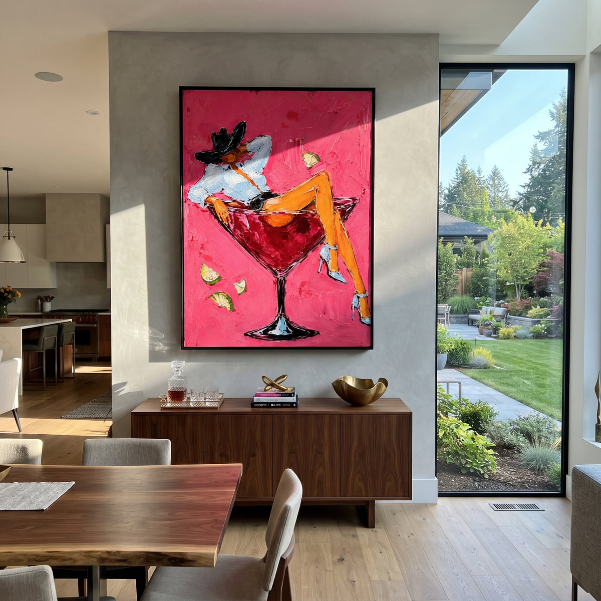 "Reclining Cowgirl Cocktail Painting" focuses on atmosphere, surface movement, and sculptural heavy impasto craftsmanship rather than a fixed literal storyline. The composition uses this hand-painted vertical canvas shows a cowgirl reclining across a red martini glass against a saturated pink plaster background as the visual anchor, while layered palette-knife paint, raised plaster-like texture, and softened brush movement create tactile depth across the canvas. Curated with a balanced pink