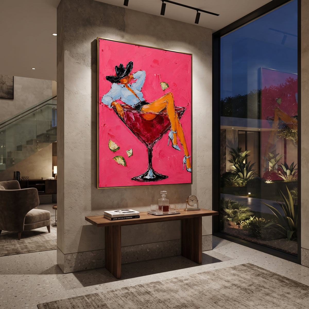 "Reclining Cowgirl Cocktail Painting" focuses on atmosphere, surface movement, and sculptural heavy impasto craftsmanship rather than a fixed literal storyline. The composition uses this hand-painted vertical canvas shows a cowgirl reclining across a red martini glass against a saturated pink plaster background as the visual anchor, while layered palette-knife paint, raised plaster-like texture, and softened brush movement create tactile depth across the canvas. Curated with a balanced pink