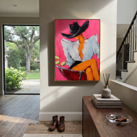 "Sage Jacket Cowboy Portrait Painting" focuses on atmosphere, surface movement, and sculptural heavy impasto craftsmanship rather than a fixed literal storyline. The composition uses this hand-painted vertical canvas presents a standing cowboy in a pale sage jacket, cream shirt, blue grey trousers, and wide beige hat against a warm ivory textured ground as the visual anchor, while layered palette-knife paint, raised plaster-like texture, and softened brush movement create tactile depth across
