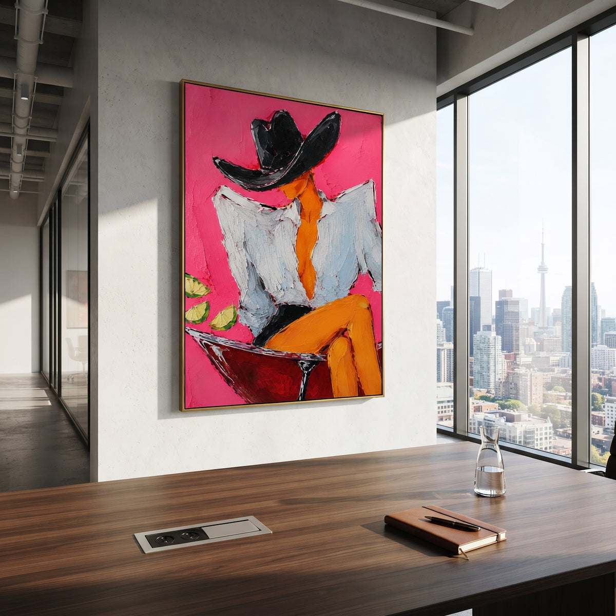"Sage Jacket Cowboy Portrait Painting" focuses on atmosphere, surface movement, and sculptural heavy impasto craftsmanship rather than a fixed literal storyline. The composition uses this hand-painted vertical canvas presents a standing cowboy in a pale sage jacket, cream shirt, blue grey trousers, and wide beige hat against a warm ivory textured ground as the visual anchor, while layered palette-knife paint, raised plaster-like texture, and softened brush movement create tactile depth across