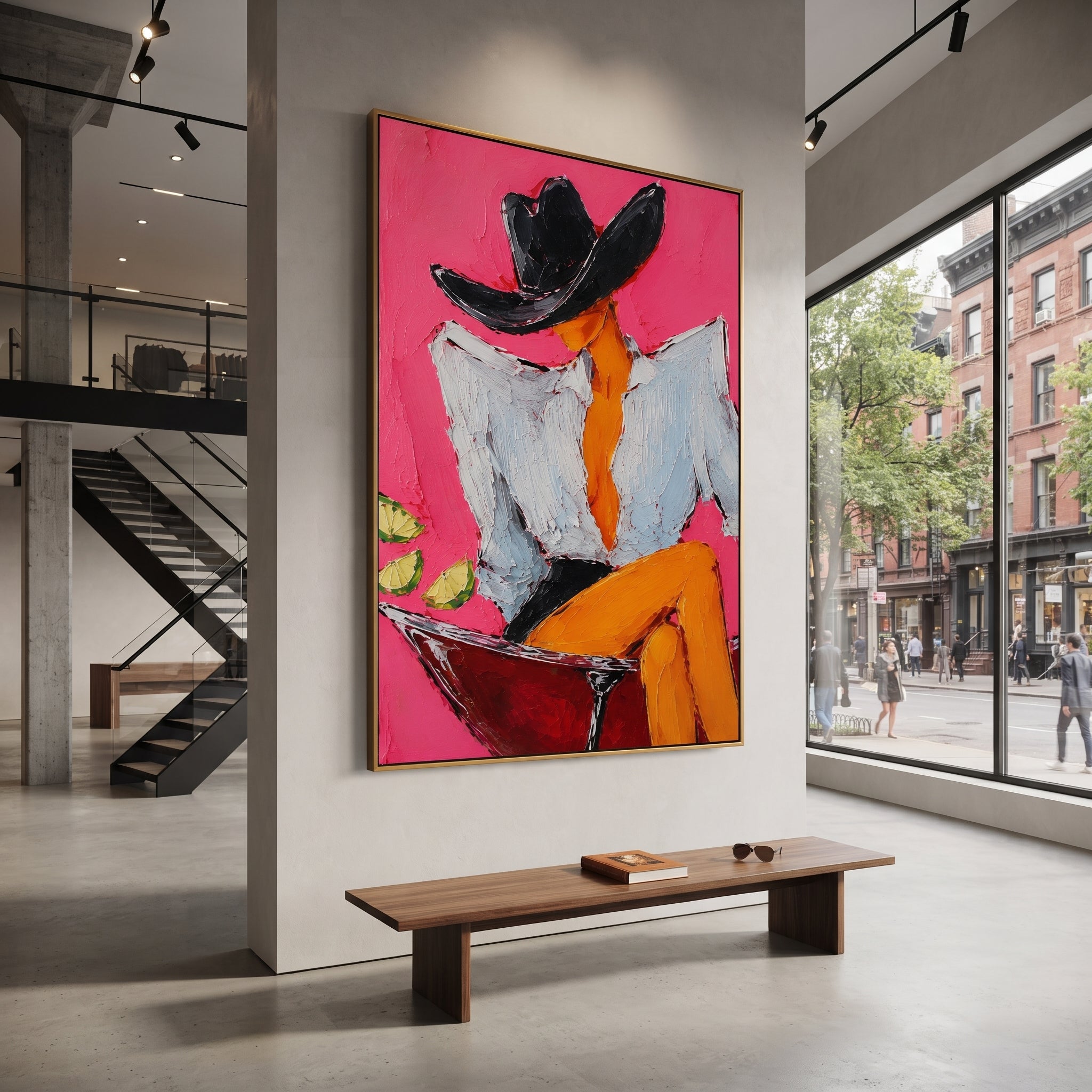 "Sage Jacket Cowboy Portrait Painting" focuses on atmosphere, surface movement, and sculptural heavy impasto craftsmanship rather than a fixed literal storyline. The composition uses this hand-painted vertical canvas presents a standing cowboy in a pale sage jacket, cream shirt, blue grey trousers, and wide beige hat against a warm ivory textured ground as the visual anchor, while layered palette-knife paint, raised plaster-like texture, and softened brush movement create tactile depth across