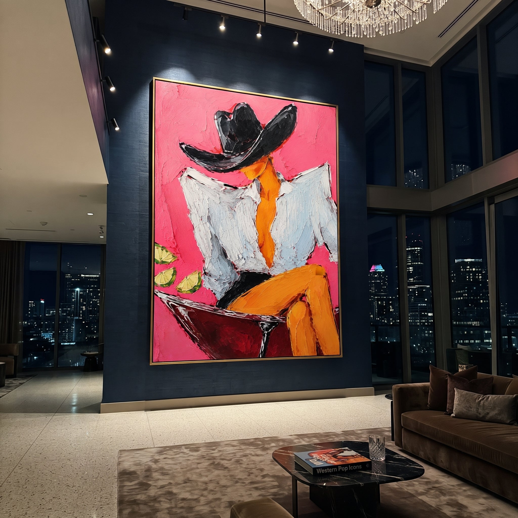 "Sage Jacket Cowboy Portrait Painting" focuses on atmosphere, surface movement, and sculptural heavy impasto craftsmanship rather than a fixed literal storyline. The composition uses this hand-painted vertical canvas presents a standing cowboy in a pale sage jacket, cream shirt, blue grey trousers, and wide beige hat against a warm ivory textured ground as the visual anchor, while layered palette-knife paint, raised plaster-like texture, and softened brush movement create tactile depth across