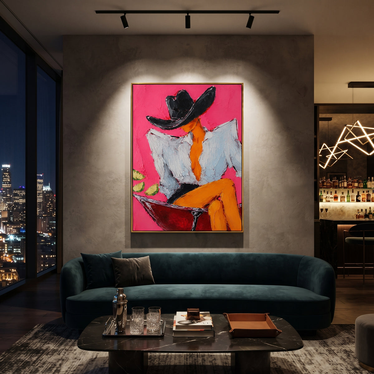 "Sage Jacket Cowboy Portrait Painting" focuses on atmosphere, surface movement, and sculptural heavy impasto craftsmanship rather than a fixed literal storyline. The composition uses this hand-painted vertical canvas presents a standing cowboy in a pale sage jacket, cream shirt, blue grey trousers, and wide beige hat against a warm ivory textured ground as the visual anchor, while layered palette-knife paint, raised plaster-like texture, and softened brush movement create tactile depth across