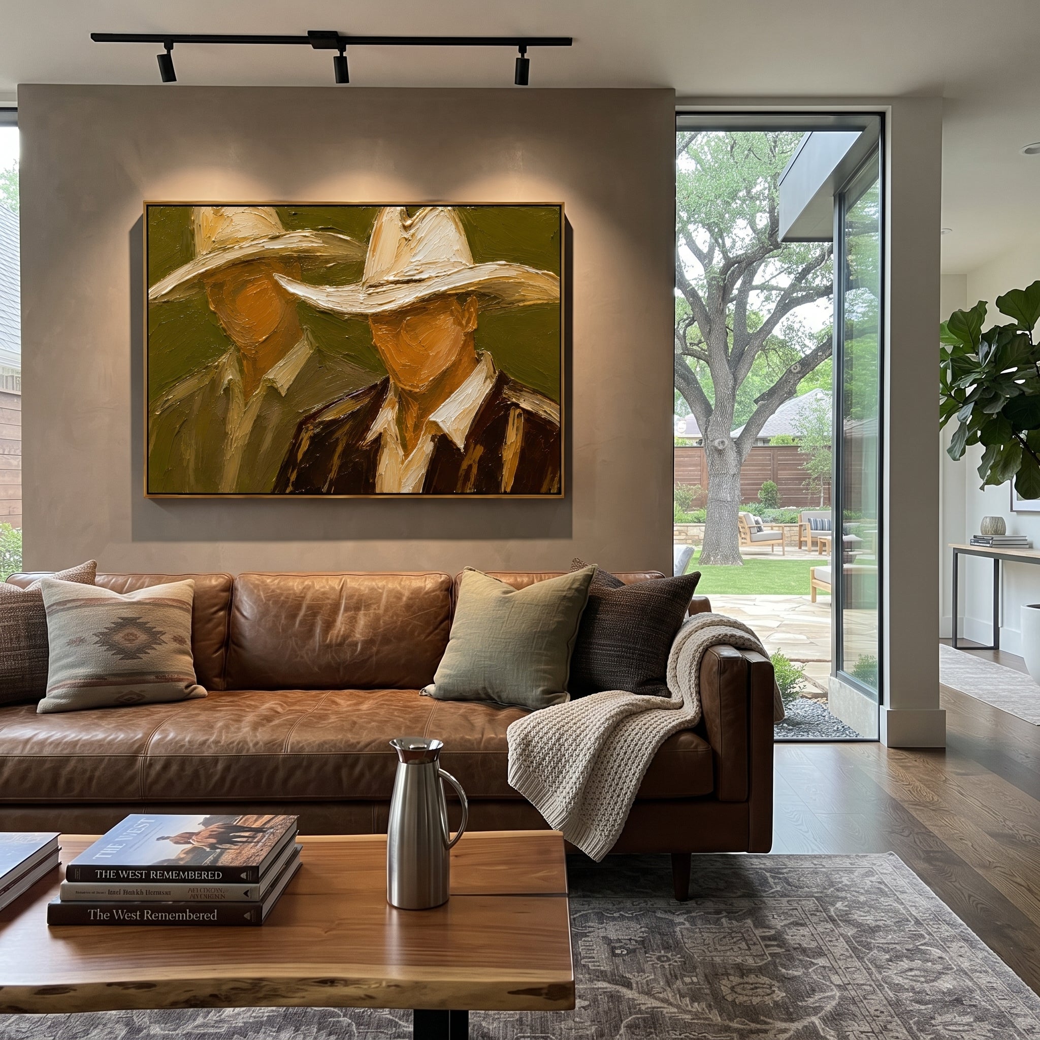 "Close Two Cowboy Faces Painting" focuses on atmosphere, surface movement, and sculptural heavy impasto craftsmanship rather than a fixed literal storyline. The composition uses this hand-painted horizontal canvas presents two close cowboy faces under broad cream hats on an olive green ground as the visual anchor, while layered palette-knife paint, raised plaster-like texture, and softened brush movement create tactile depth across the canvas. Curated with a balanced green, beige, brown palette