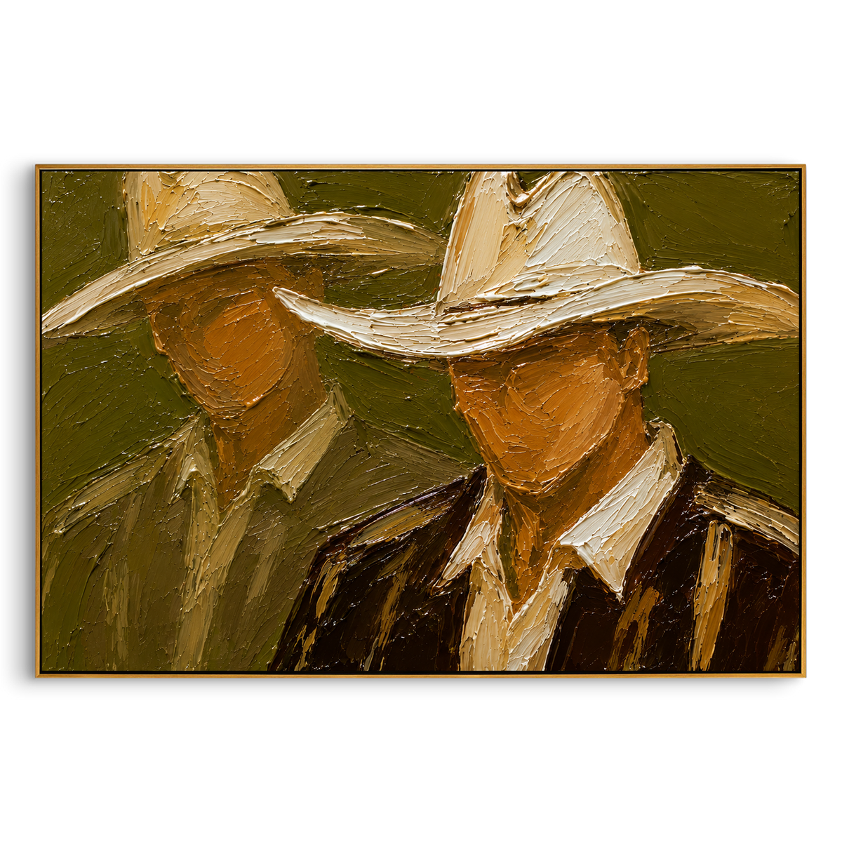 "Close Two Cowboy Faces Painting" - Modern Heavy Impasto Western Animal Artwork | Green & Beige Palette Knife Painting | Luxury Horizontal Wall Art #PT 1530
