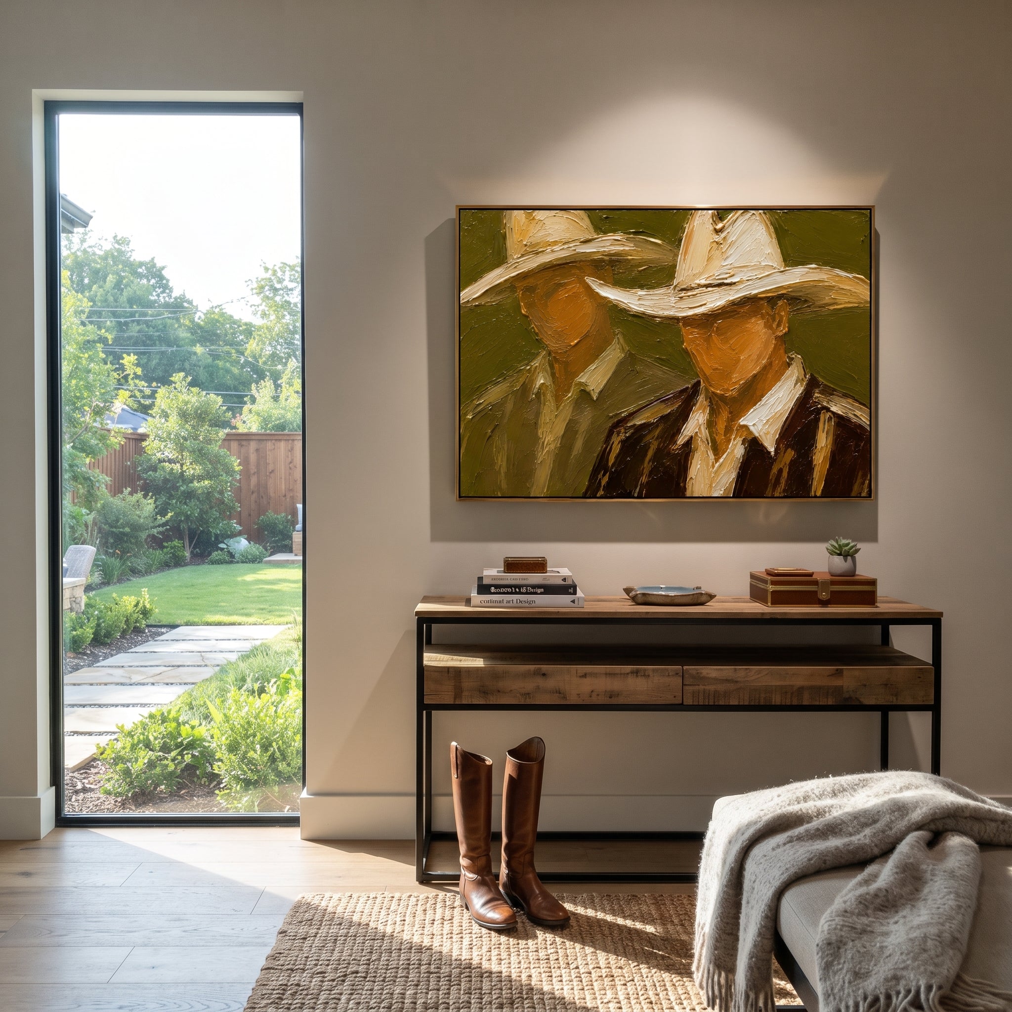 "Close Two Cowboy Faces Painting" focuses on atmosphere, surface movement, and sculptural heavy impasto craftsmanship rather than a fixed literal storyline. The composition uses this hand-painted horizontal canvas presents two close cowboy faces under broad cream hats on an olive green ground as the visual anchor, while layered palette-knife paint, raised plaster-like texture, and softened brush movement create tactile depth across the canvas. Curated with a balanced green, beige, brown palette