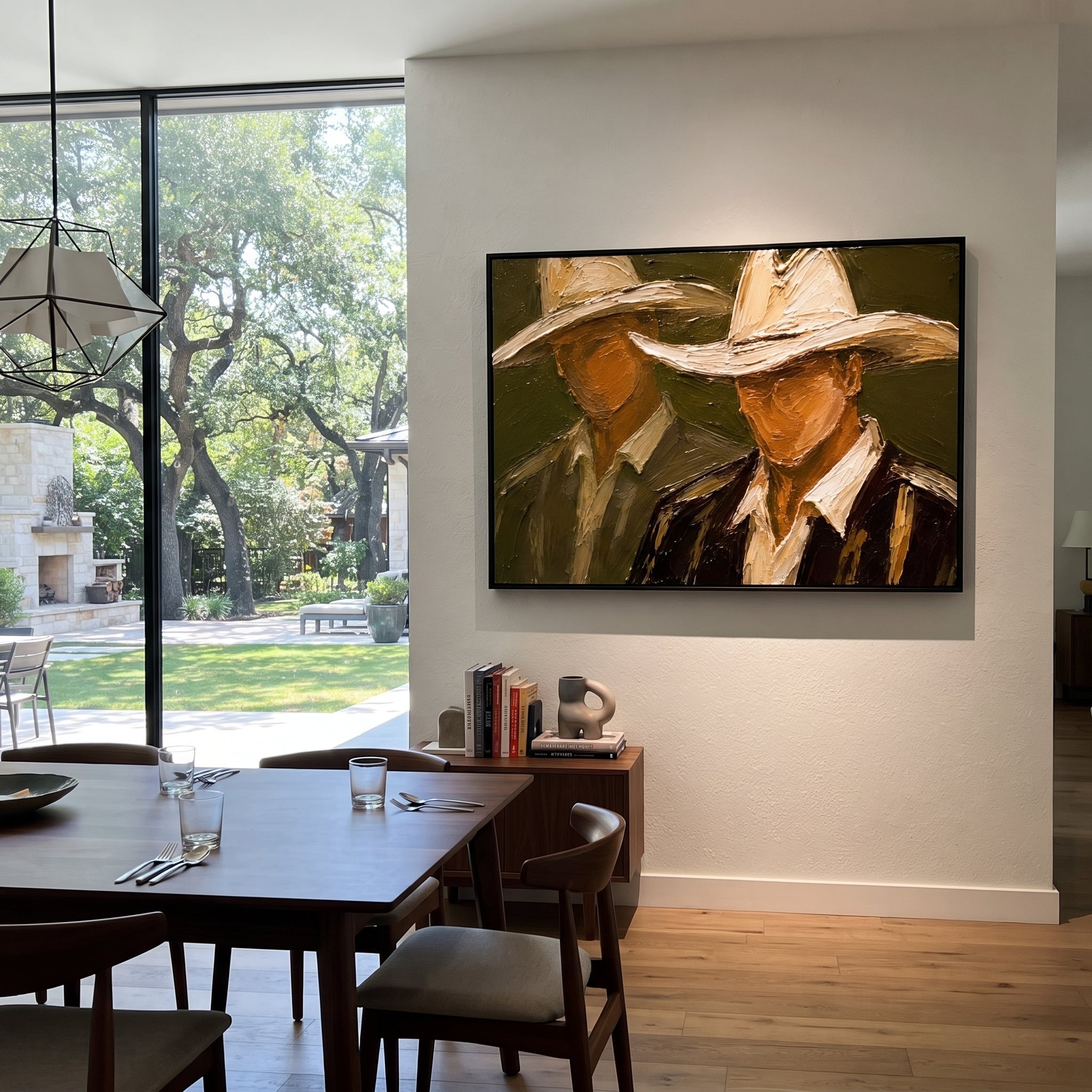 "Close Two Cowboy Faces Painting" focuses on atmosphere, surface movement, and sculptural heavy impasto craftsmanship rather than a fixed literal storyline. The composition uses this hand-painted horizontal canvas presents two close cowboy faces under broad cream hats on an olive green ground as the visual anchor, while layered palette-knife paint, raised plaster-like texture, and softened brush movement create tactile depth across the canvas. Curated with a balanced green, beige, brown palette