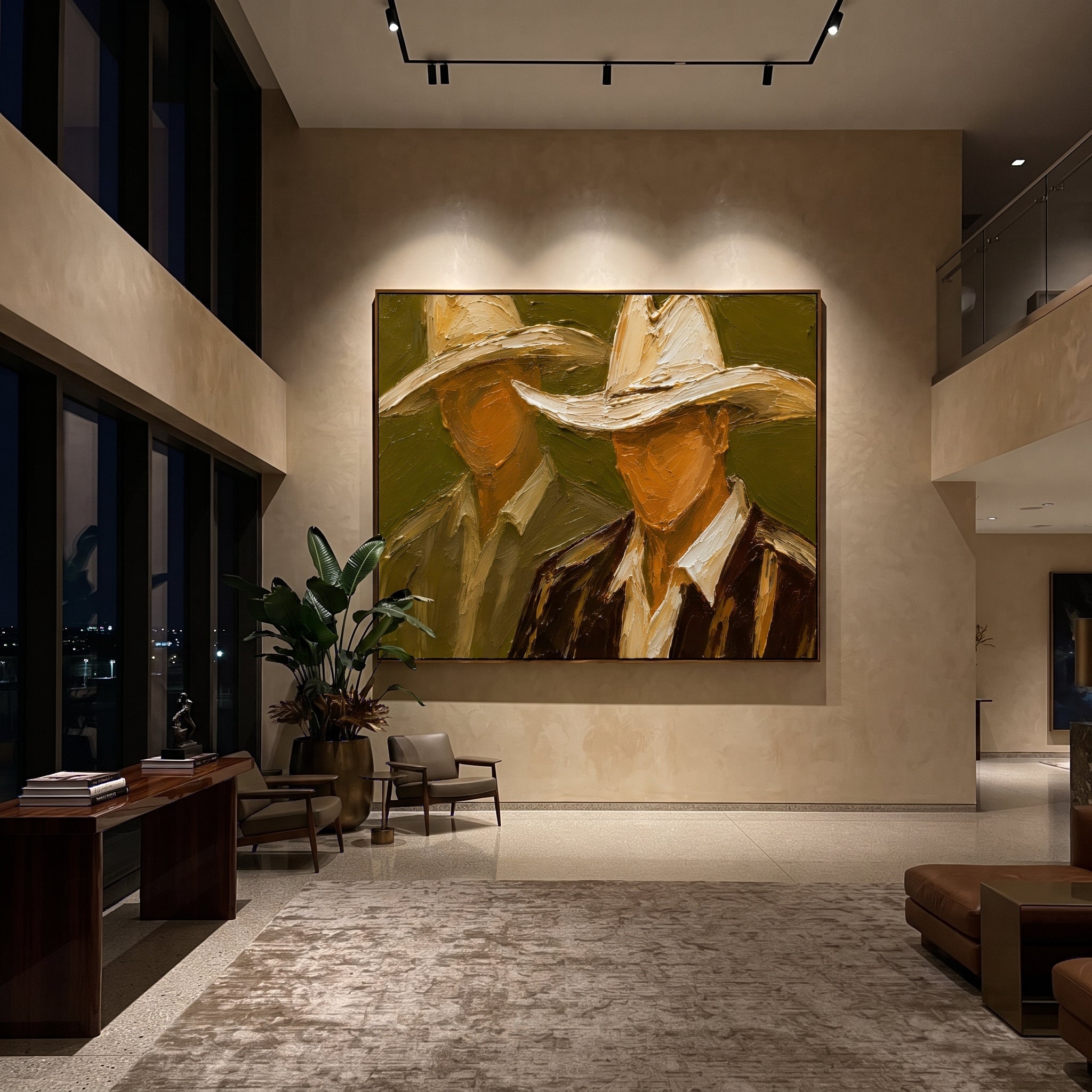 "Close Two Cowboy Faces Painting" focuses on atmosphere, surface movement, and sculptural heavy impasto craftsmanship rather than a fixed literal storyline. The composition uses this hand-painted horizontal canvas presents two close cowboy faces under broad cream hats on an olive green ground as the visual anchor, while layered palette-knife paint, raised plaster-like texture, and softened brush movement create tactile depth across the canvas. Curated with a balanced green, beige, brown palette