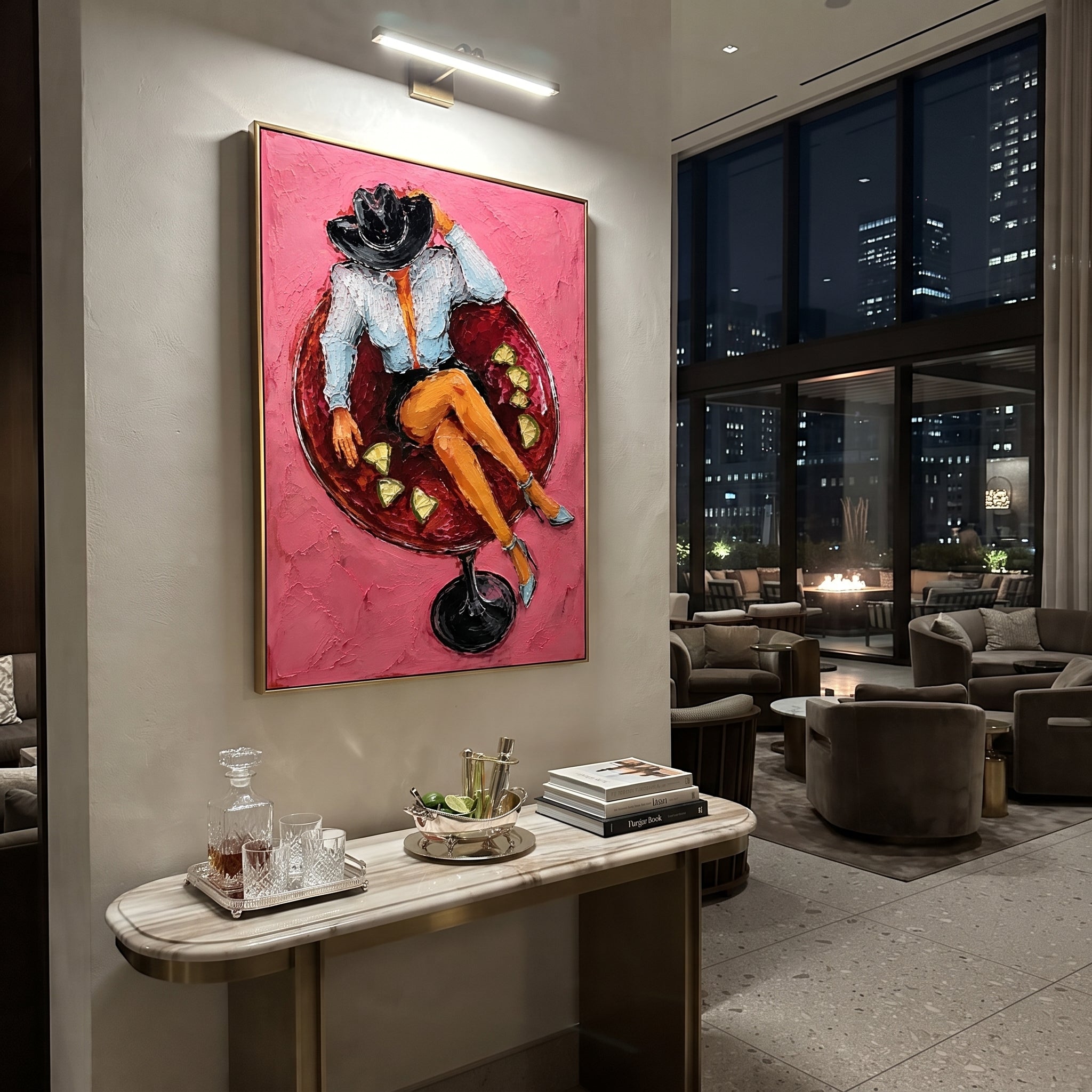 "Cream Hat Cowboy Portrait Painting" focuses on atmosphere, surface movement, and sculptural heavy impasto craftsmanship rather than a fixed literal storyline. The composition uses this hand-painted vertical canvas presents a quiet cowboy portrait with a cream hat, rust brown face, soft green jacket, and scraped ivory plaster background as the visual anchor, while layered palette-knife paint, raised plaster-like texture, and softened brush movement create tactile depth across the canvas. Curated