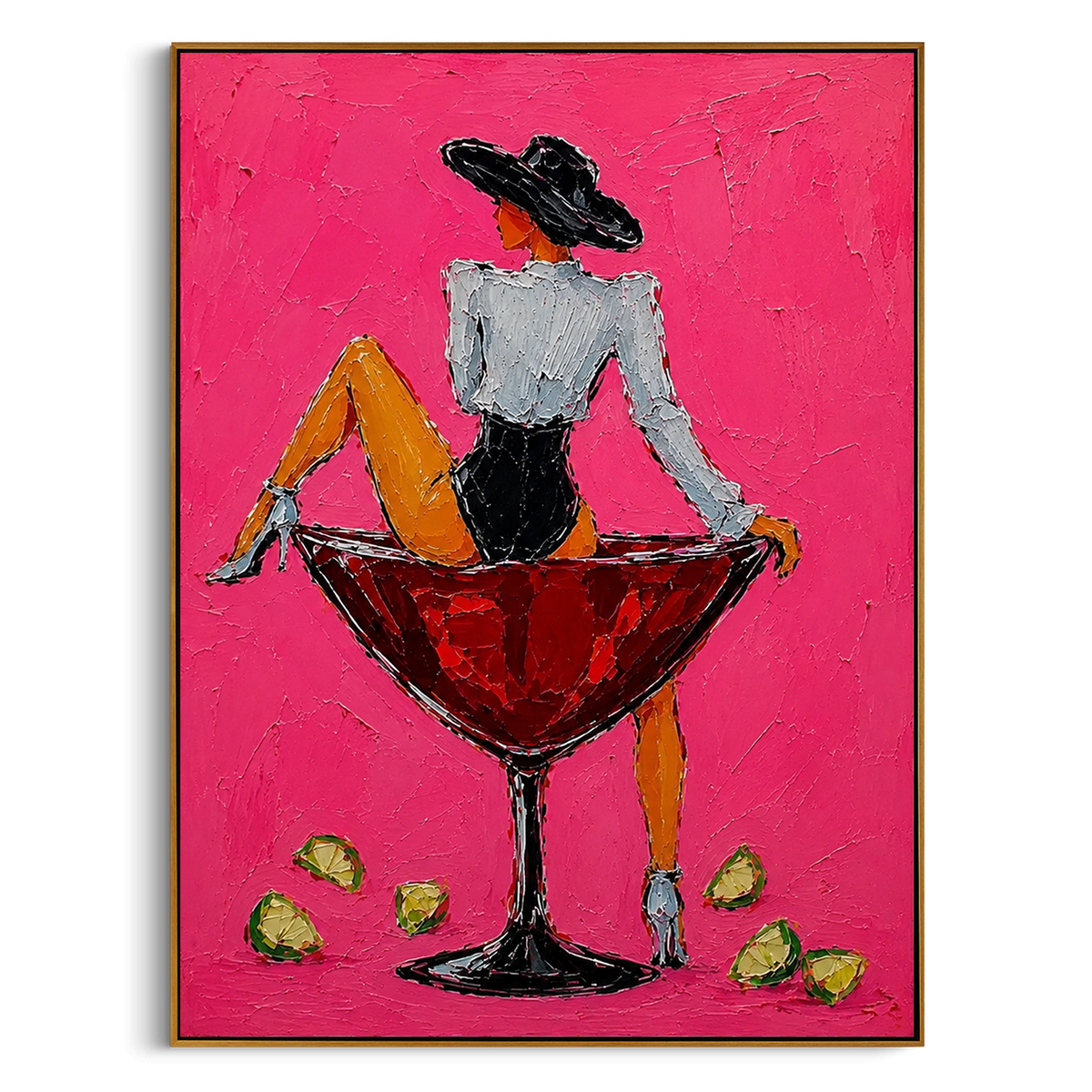 "Back View Martini Cowgirl Painting" - Modern Heavy Impasto Western Animal Artwork | Pink & Orange Palette Knife Painting | Luxury Vertical Wall Art #PT 1532