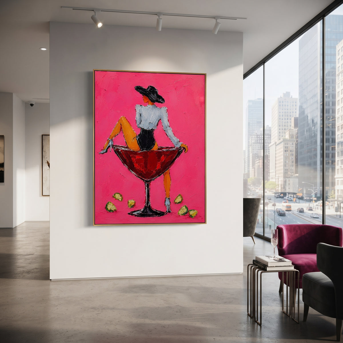"Back View Martini Cowgirl Painting" focuses on atmosphere, surface movement, and sculptural heavy impasto craftsmanship rather than a fixed literal storyline. The composition uses this hand-painted vertical canvas shows a cowgirl turned away while sitting on a red martini glass against a hot pink textured background as the visual anchor, while layered palette-knife paint, raised plaster-like texture, and softened brush movement create tactile depth across the canvas. Curated with a balanced