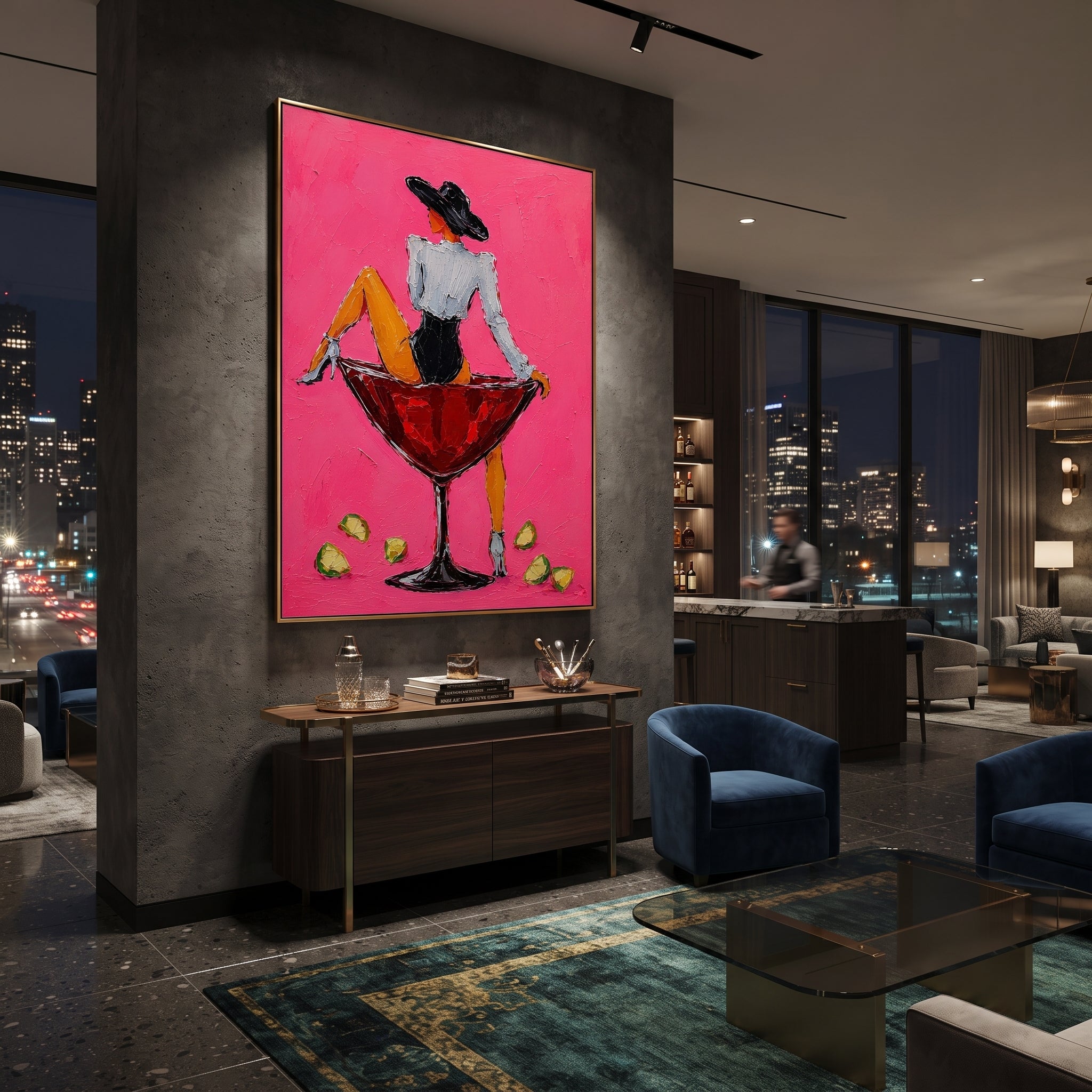 "Back View Martini Cowgirl Painting" focuses on atmosphere, surface movement, and sculptural heavy impasto craftsmanship rather than a fixed literal storyline. The composition uses this hand-painted vertical canvas shows a cowgirl turned away while sitting on a red martini glass against a hot pink textured background as the visual anchor, while layered palette-knife paint, raised plaster-like texture, and softened brush movement create tactile depth across the canvas. Curated with a balanced