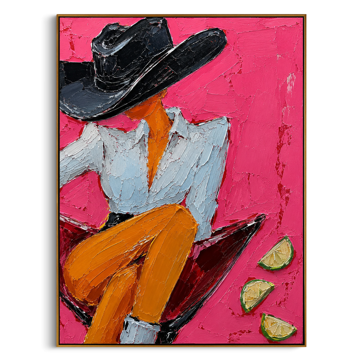 "Side Sitting Martini Cowgirl Painting" - Modern Heavy Impasto Western Animal Artwork | Pink & Orange Palette Knife Painting | Luxury Vertical Wall Art #PT 1533