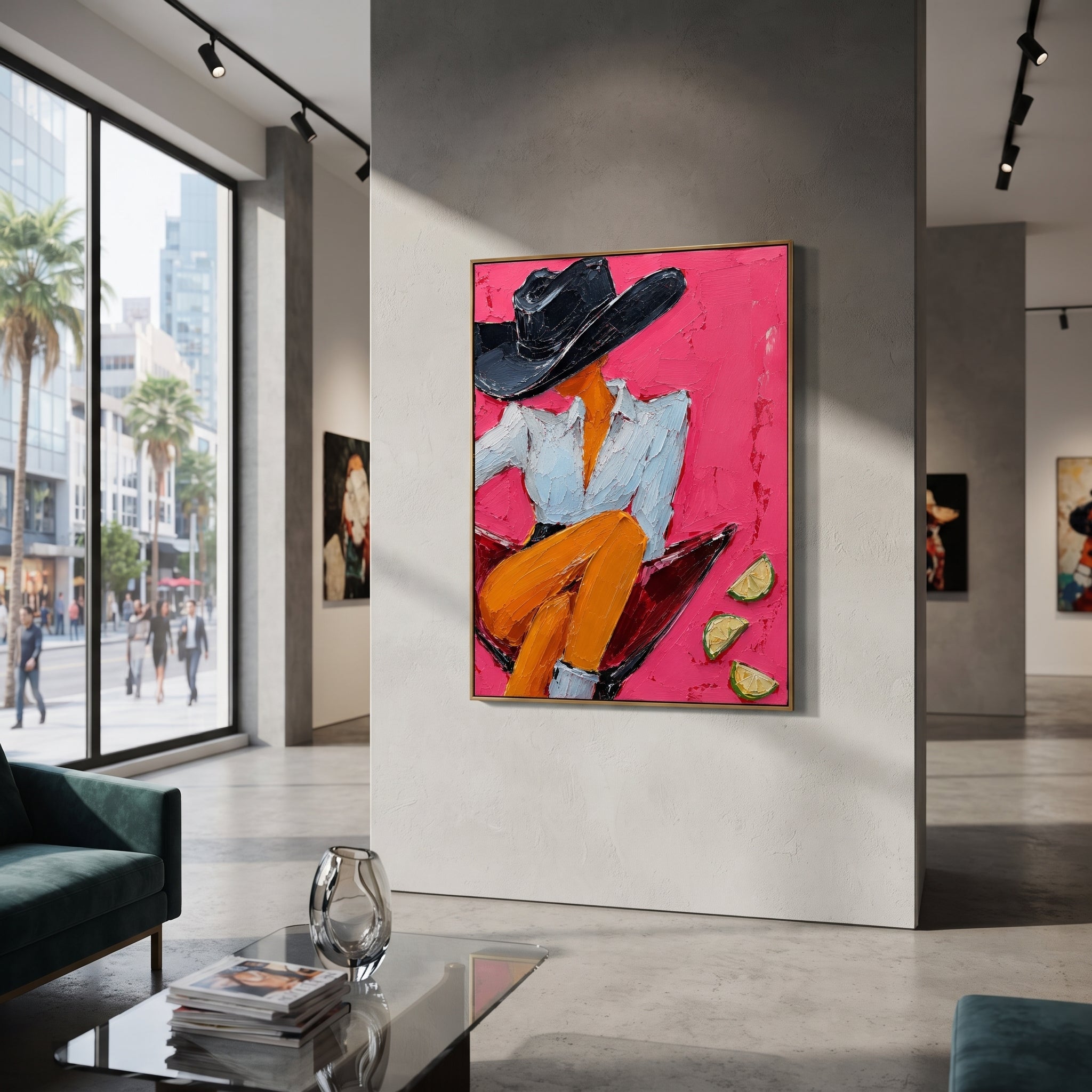 "Side Sitting Martini Cowgirl Painting" focuses on atmosphere, surface movement, and sculptural heavy impasto craftsmanship rather than a fixed literal storyline. The composition uses this hand-painted vertical canvas presents a side-profile cowgirl perched on the rim of a red martini glass as the visual anchor, while layered palette-knife paint, raised plaster-like texture, and softened brush movement create tactile depth across the canvas. Curated with a balanced pink, orange, black palette