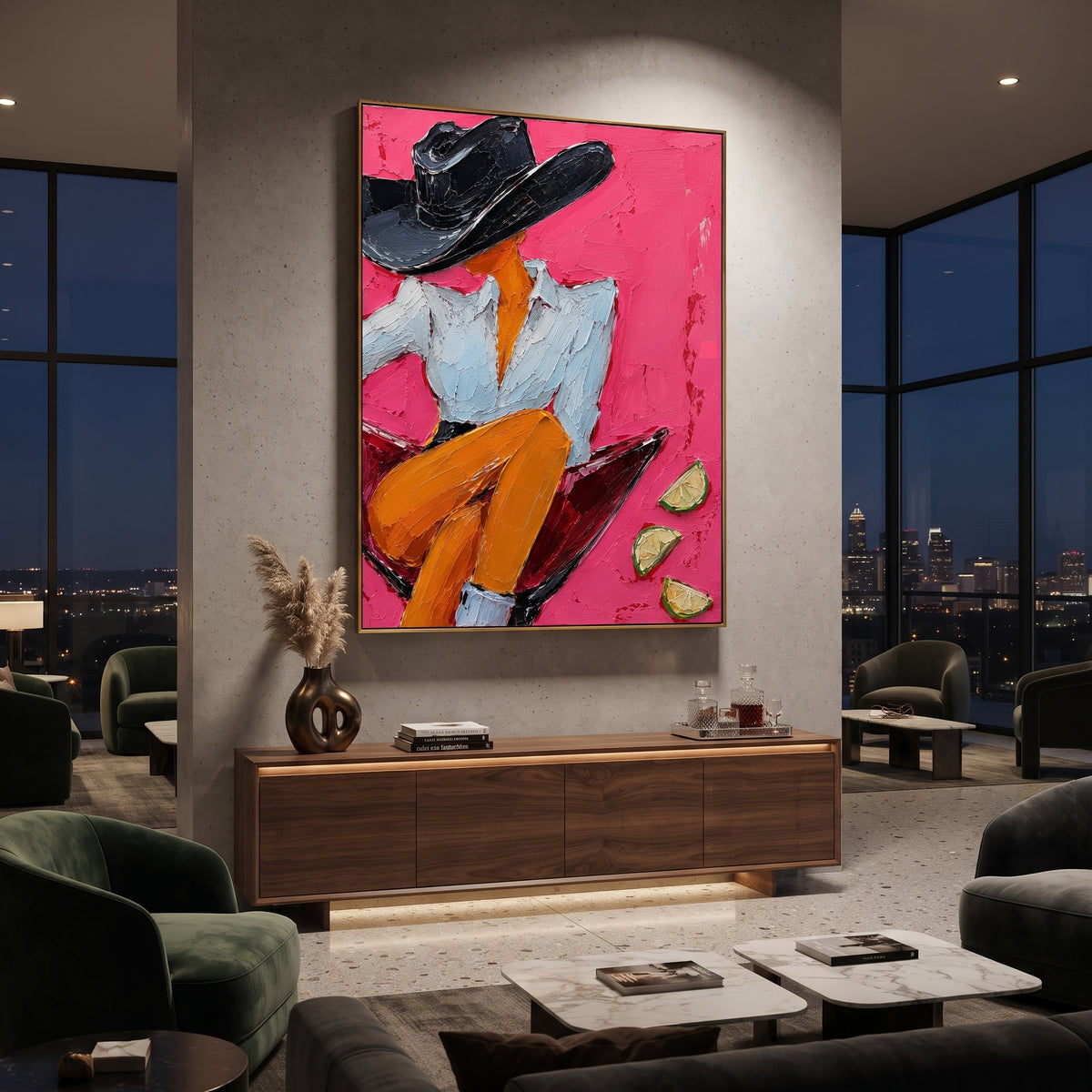 "Side Sitting Martini Cowgirl Painting" focuses on atmosphere, surface movement, and sculptural heavy impasto craftsmanship rather than a fixed literal storyline. The composition uses this hand-painted vertical canvas presents a side-profile cowgirl perched on the rim of a red martini glass as the visual anchor, while layered palette-knife paint, raised plaster-like texture, and softened brush movement create tactile depth across the canvas. Curated with a balanced pink, orange, black palette