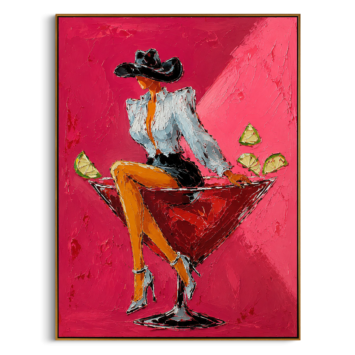 "Relaxed Martini Cowgirl Painting" - Modern Heavy Impasto Western Animal Artwork | Pink & Orange Palette Knife Painting | Luxury Vertical Wall Art #PT 1534