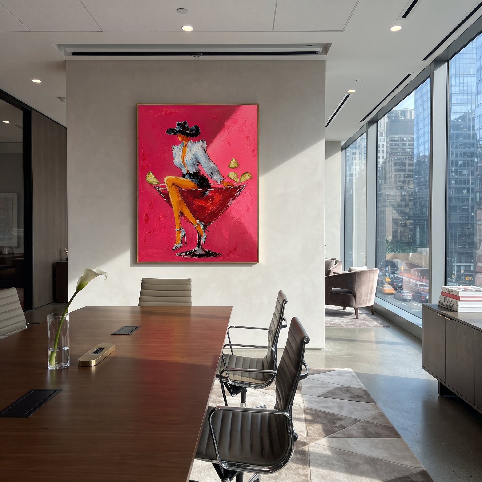 "Relaxed Martini Cowgirl Painting" focuses on atmosphere, surface movement, and sculptural heavy impasto craftsmanship rather than a fixed literal storyline. The composition uses this hand-painted vertical canvas features a relaxed cowgirl leaning across a red cocktail glass with one arm behind her head as the visual anchor, while layered palette-knife paint, raised plaster-like texture, and softened brush movement create tactile depth across the canvas. Curated with a balanced pink, orange