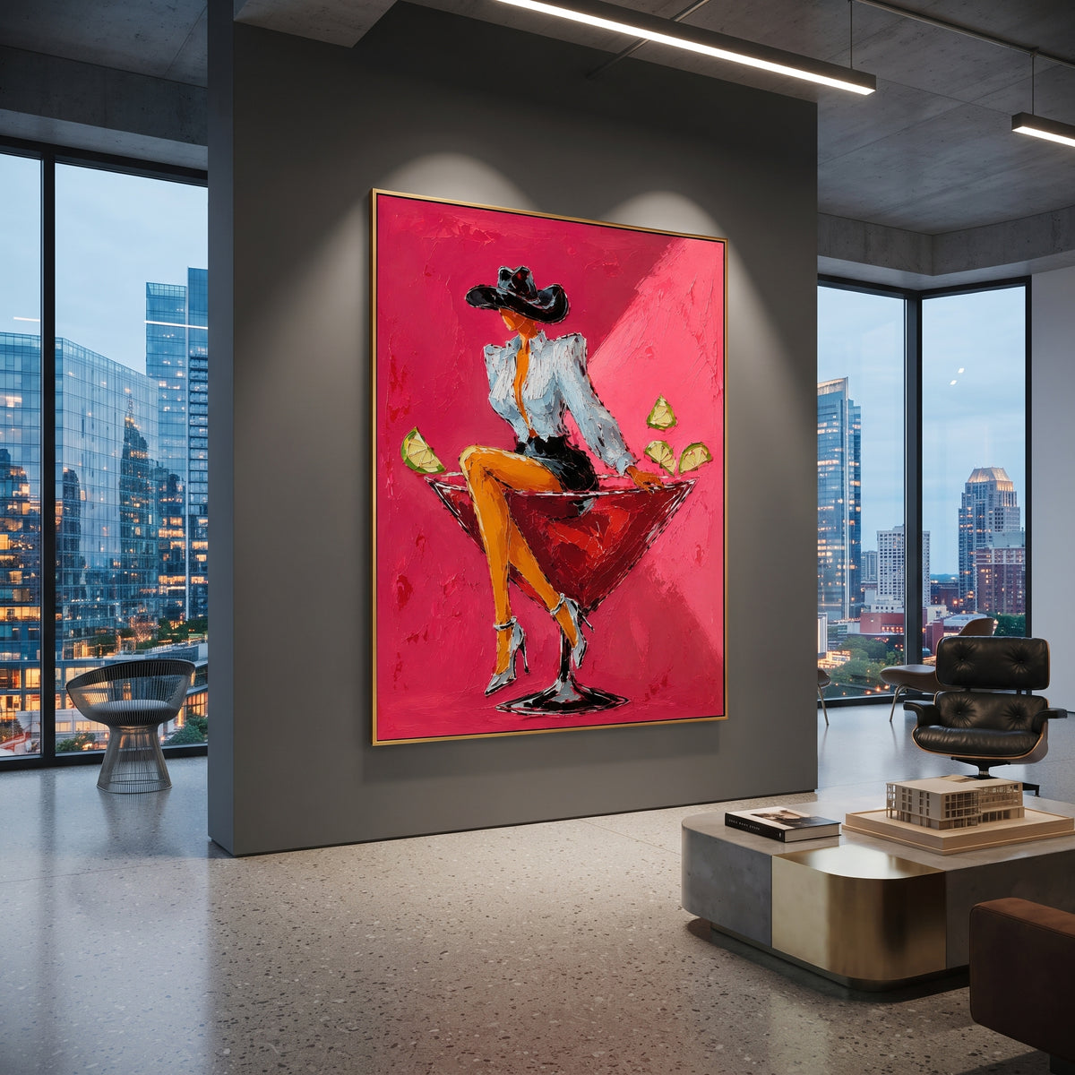 "Relaxed Martini Cowgirl Painting" focuses on atmosphere, surface movement, and sculptural heavy impasto craftsmanship rather than a fixed literal storyline. The composition uses this hand-painted vertical canvas features a relaxed cowgirl leaning across a red cocktail glass with one arm behind her head as the visual anchor, while layered palette-knife paint, raised plaster-like texture, and softened brush movement create tactile depth across the canvas. Curated with a balanced pink, orange