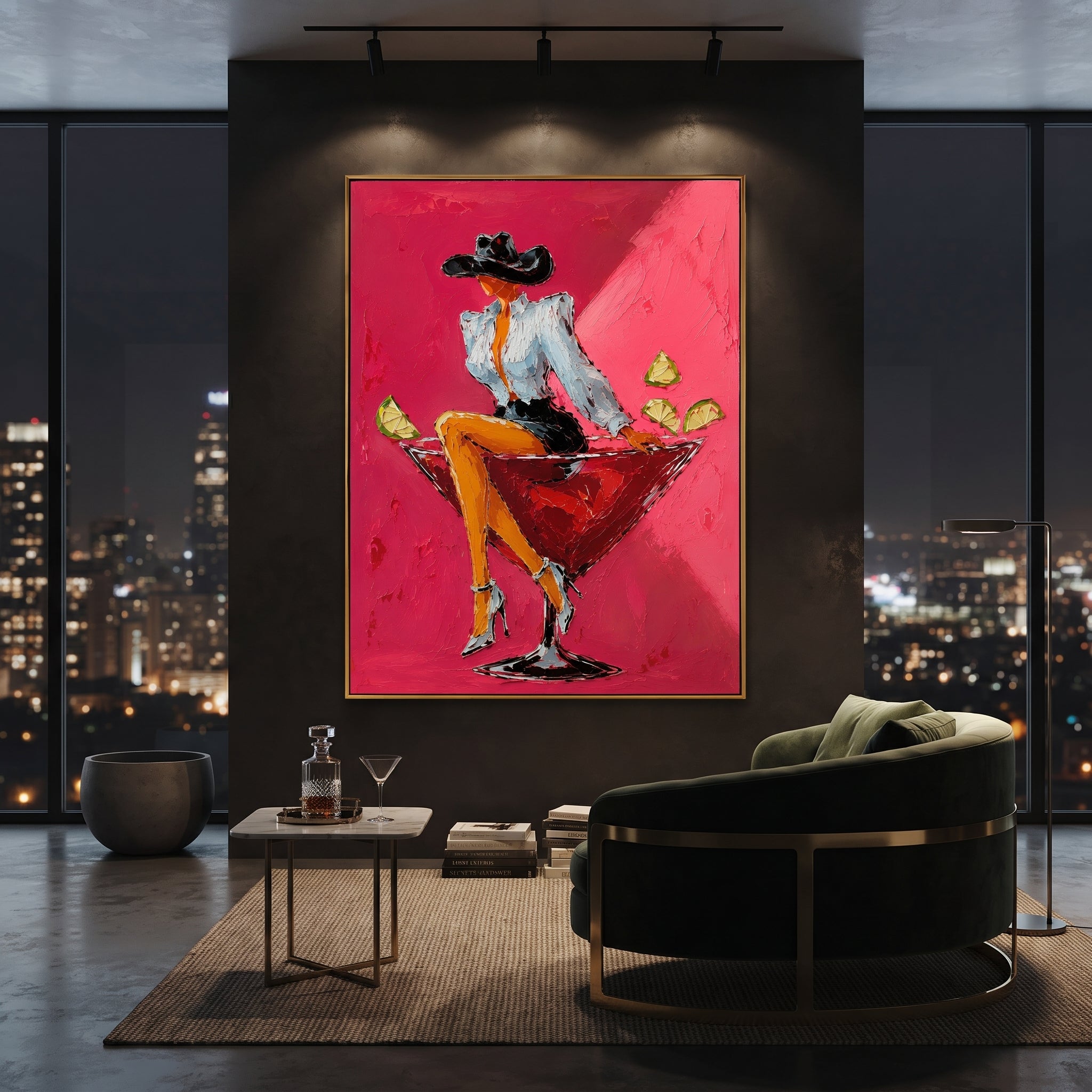 "Relaxed Martini Cowgirl Painting" focuses on atmosphere, surface movement, and sculptural heavy impasto craftsmanship rather than a fixed literal storyline. The composition uses this hand-painted vertical canvas features a relaxed cowgirl leaning across a red cocktail glass with one arm behind her head as the visual anchor, while layered palette-knife paint, raised plaster-like texture, and softened brush movement create tactile depth across the canvas. Curated with a balanced pink, orange