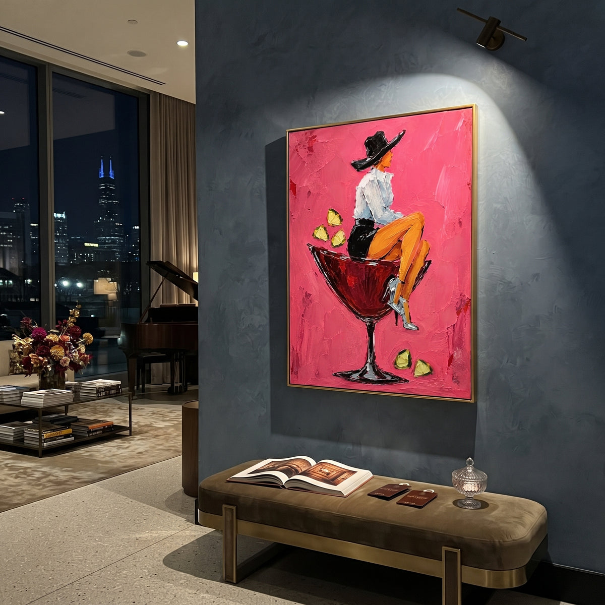 "Sage Jacket Cowboy Portrait Painting" focuses on atmosphere, surface movement, and sculptural heavy impasto craftsmanship rather than a fixed literal storyline. The composition uses this hand-painted vertical canvas presents a standing cowboy in a pale sage jacket, cream shirt, blue grey trousers, and wide beige hat against a warm ivory textured ground as the visual anchor, while layered palette-knife paint, raised plaster-like texture, and softened brush movement create tactile depth across