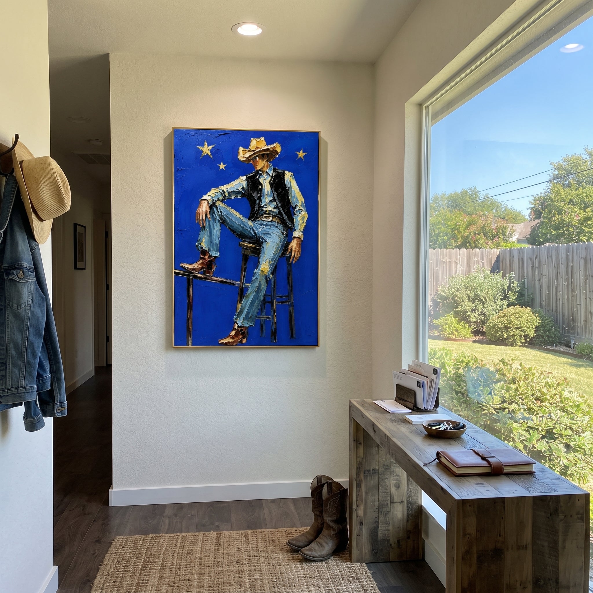 "Blue Star Cowboy Chair Painting" focuses on atmosphere, surface movement, and sculptural heavy impasto craftsmanship rather than a fixed literal storyline. The composition uses this hand-painted vertical canvas depicts a cowboy sitting on a high chair against a vivid blue field with yellow stars as the visual anchor, while layered palette-knife paint, raised plaster-like texture, and softened brush movement create tactile depth across the canvas. Curated with a balanced blue, beige, black