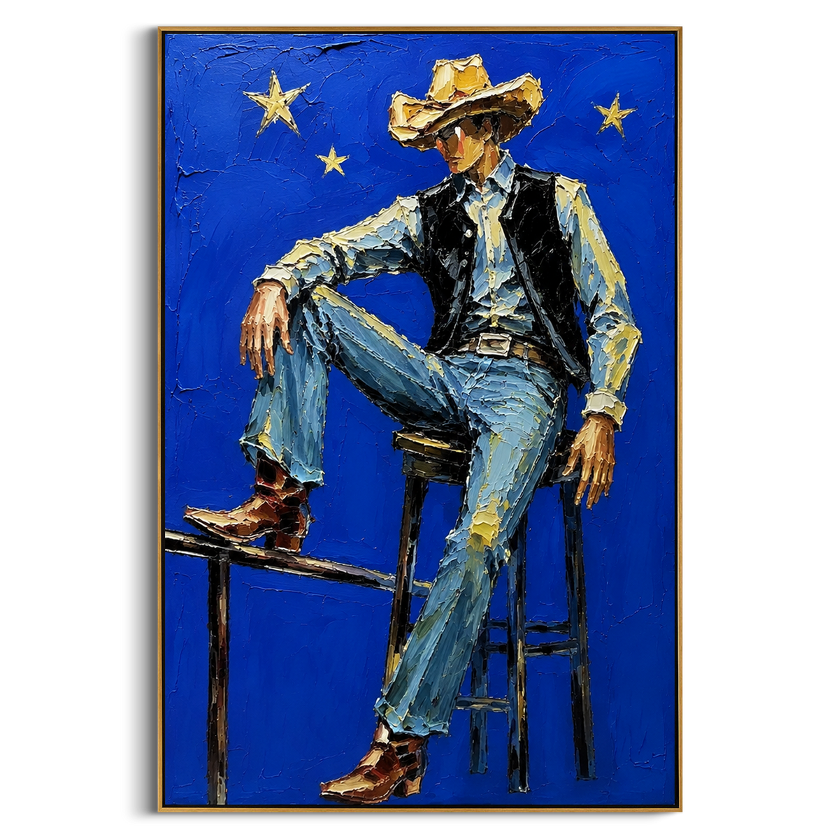 "Blue Star Cowboy Chair Painting" - Modern Heavy Impasto Western Animal Artwork | Blue & Beige Palette Knife Painting | Luxury Vertical Wall Art #PT 1536