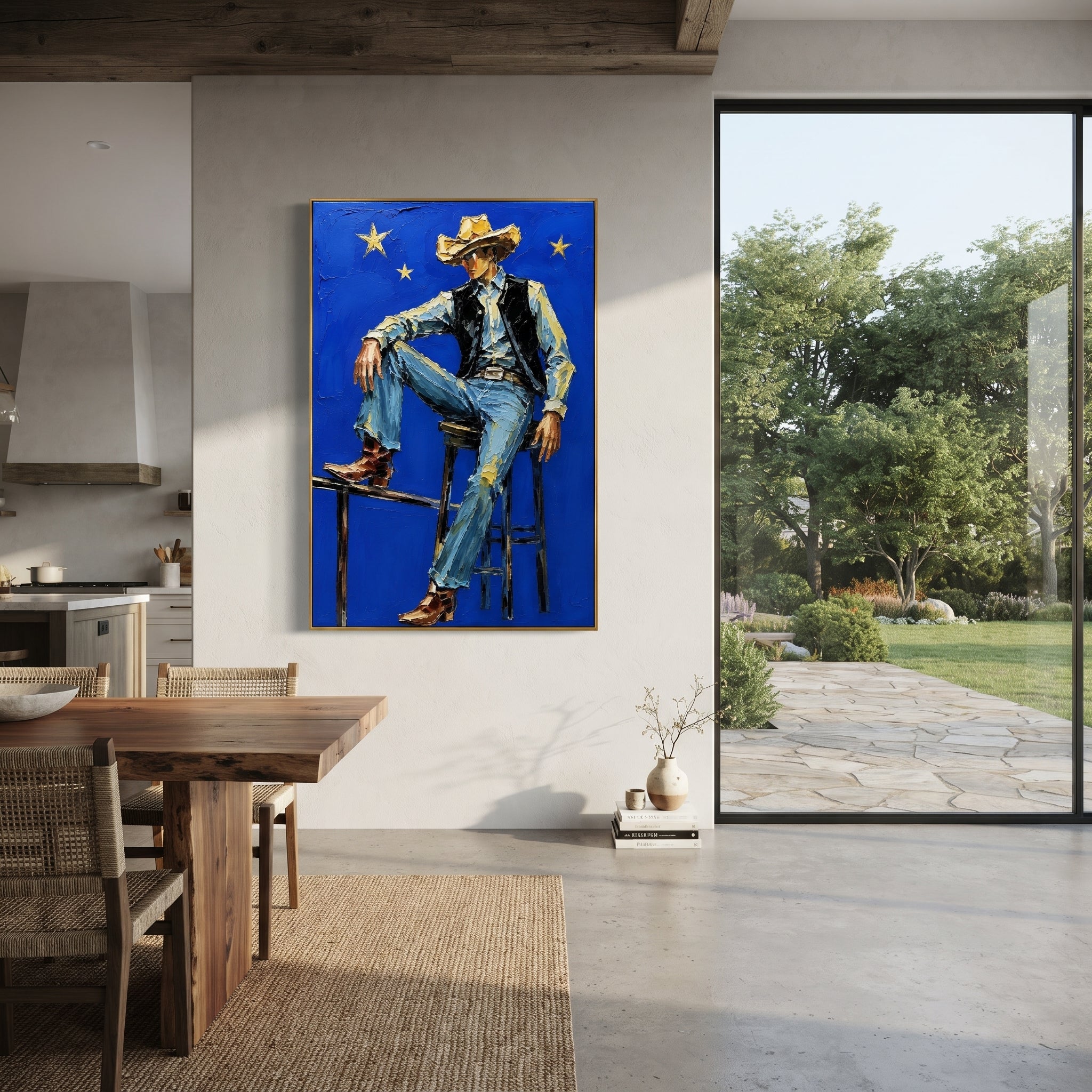 "Blue Star Cowboy Chair Painting" focuses on atmosphere, surface movement, and sculptural heavy impasto craftsmanship rather than a fixed literal storyline. The composition uses this hand-painted vertical canvas depicts a cowboy sitting on a high chair against a vivid blue field with yellow stars as the visual anchor, while layered palette-knife paint, raised plaster-like texture, and softened brush movement create tactile depth across the canvas. Curated with a balanced blue, beige, black