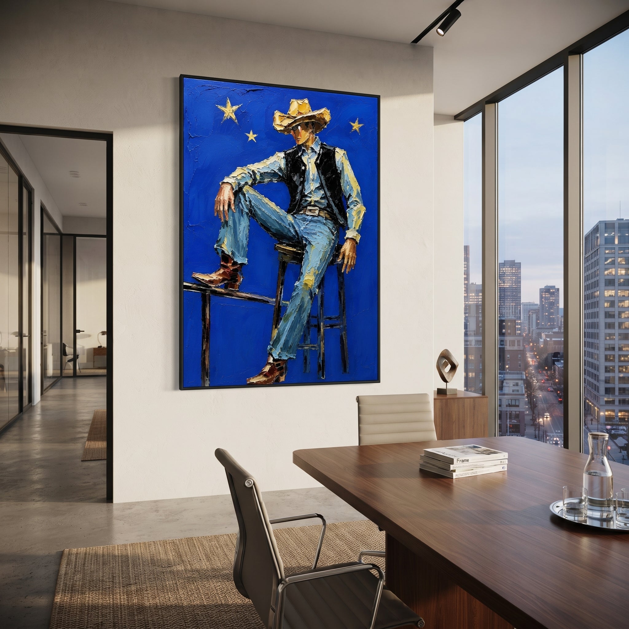 "Blue Star Cowboy Chair Painting" focuses on atmosphere, surface movement, and sculptural heavy impasto craftsmanship rather than a fixed literal storyline. The composition uses this hand-painted vertical canvas depicts a cowboy sitting on a high chair against a vivid blue field with yellow stars as the visual anchor, while layered palette-knife paint, raised plaster-like texture, and softened brush movement create tactile depth across the canvas. Curated with a balanced blue, beige, black
