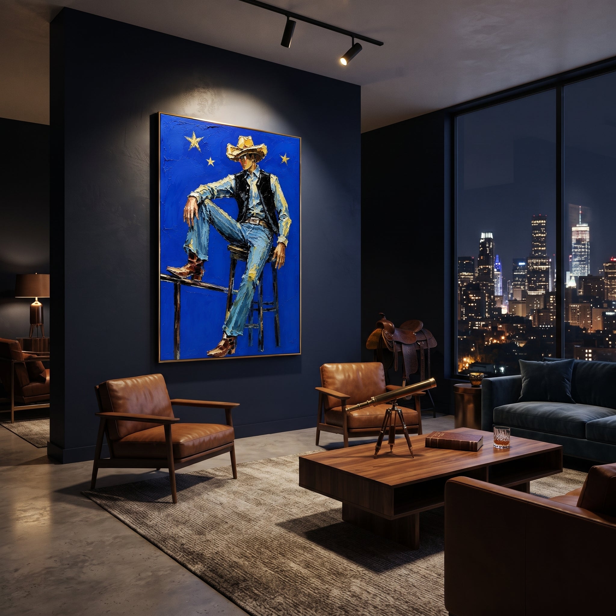 "Blue Star Cowboy Chair Painting" focuses on atmosphere, surface movement, and sculptural heavy impasto craftsmanship rather than a fixed literal storyline. The composition uses this hand-painted vertical canvas depicts a cowboy sitting on a high chair against a vivid blue field with yellow stars as the visual anchor, while layered palette-knife paint, raised plaster-like texture, and softened brush movement create tactile depth across the canvas. Curated with a balanced blue, beige, black
