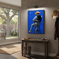 "Cream Hat Cowboy Portrait Painting" focuses on atmosphere, surface movement, and sculptural heavy impasto craftsmanship rather than a fixed literal storyline. The composition uses this hand-painted vertical canvas presents a quiet cowboy portrait with a cream hat, rust brown face, soft green jacket, and scraped ivory plaster background as the visual anchor, while layered palette-knife paint, raised plaster-like texture, and softened brush movement create tactile depth across the canvas. Curated