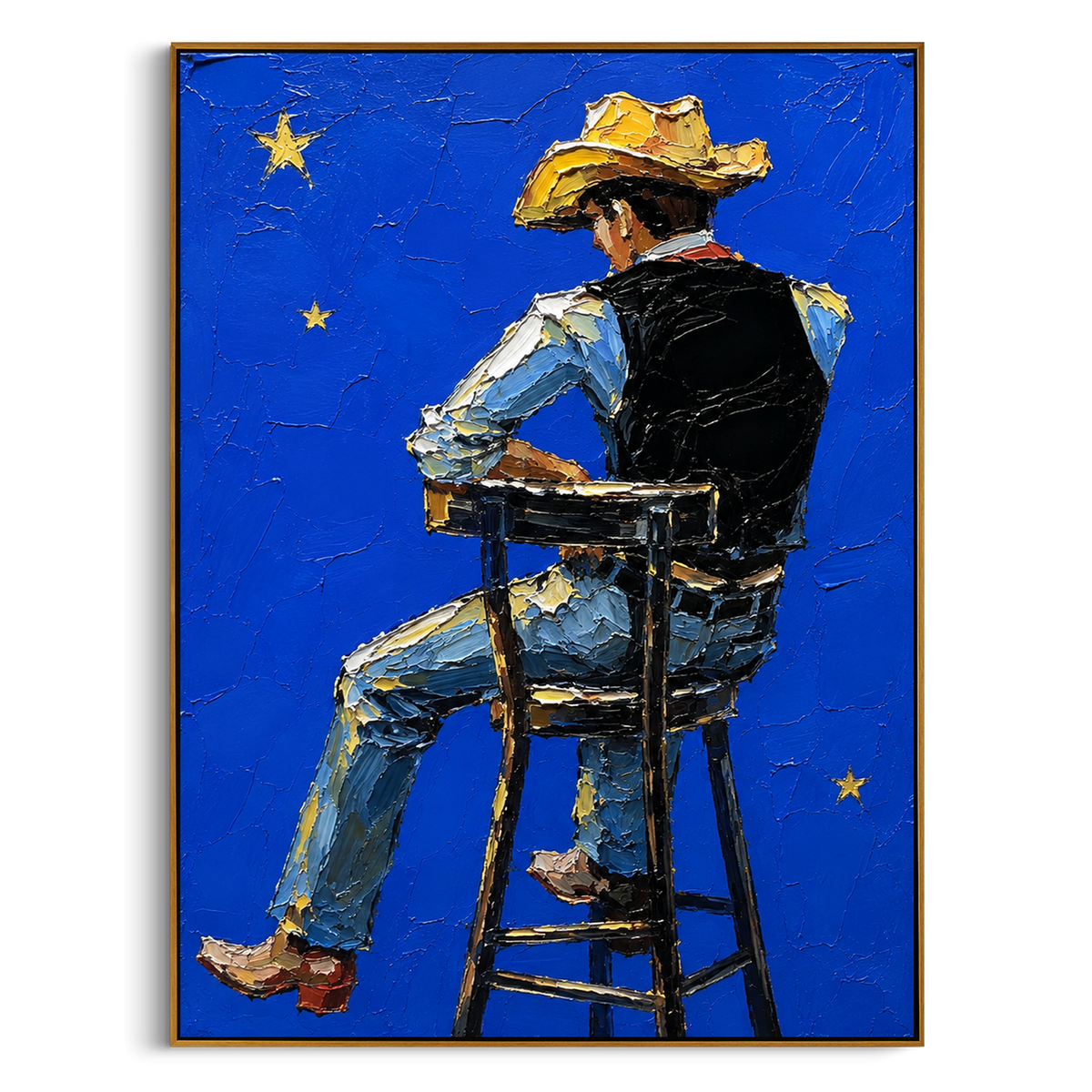 "Cream Hat Cowboy Portrait Painting" - Modern Heavy Impasto Western Animal Artwork | Beige & Green Palette Knife Painting | Luxury Vertical Wall Art #PT 1537