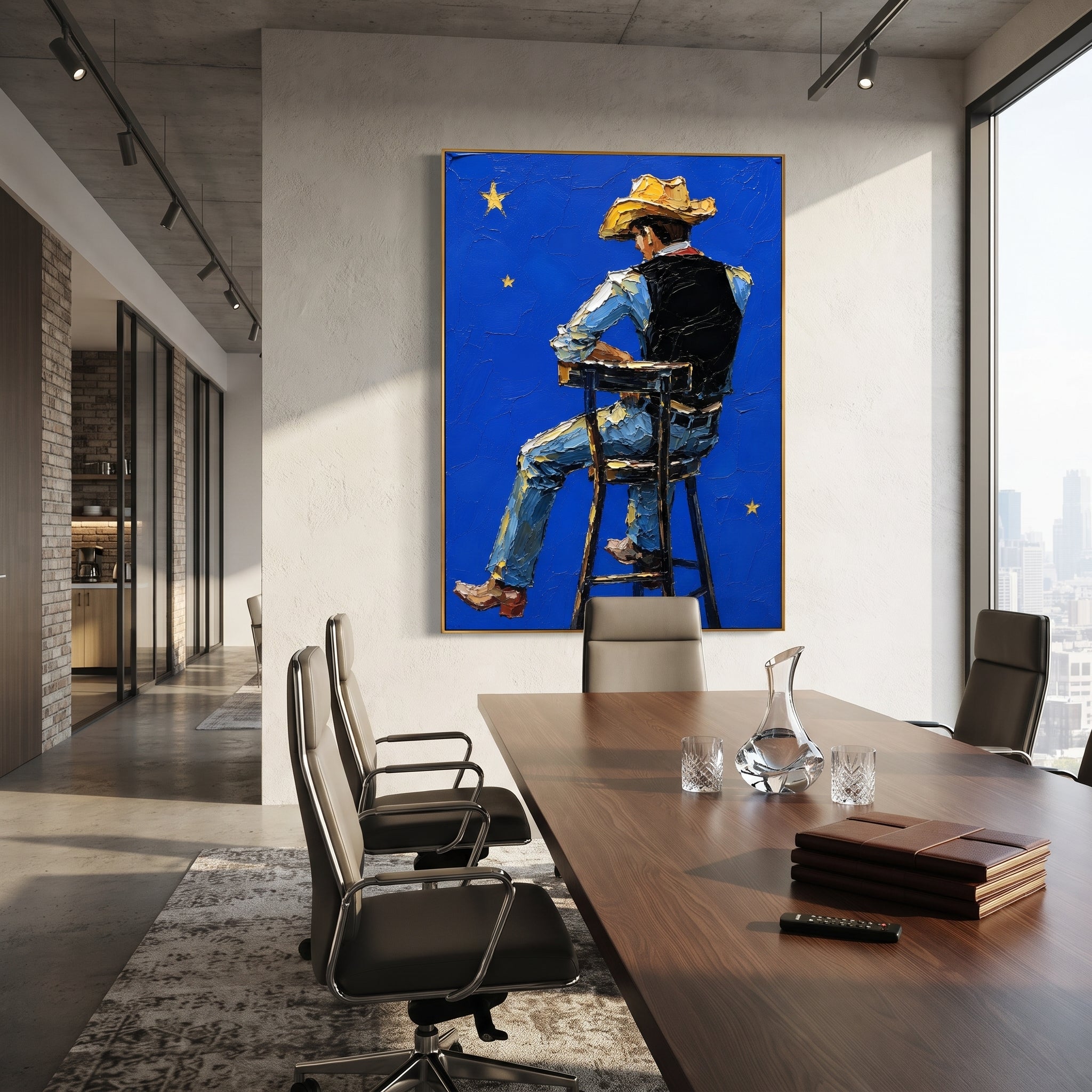 "Cream Hat Cowboy Portrait Painting" focuses on atmosphere, surface movement, and sculptural heavy impasto craftsmanship rather than a fixed literal storyline. The composition uses this hand-painted vertical canvas presents a quiet cowboy portrait with a cream hat, rust brown face, soft green jacket, and scraped ivory plaster background as the visual anchor, while layered palette-knife paint, raised plaster-like texture, and softened brush movement create tactile depth across the canvas. Curated