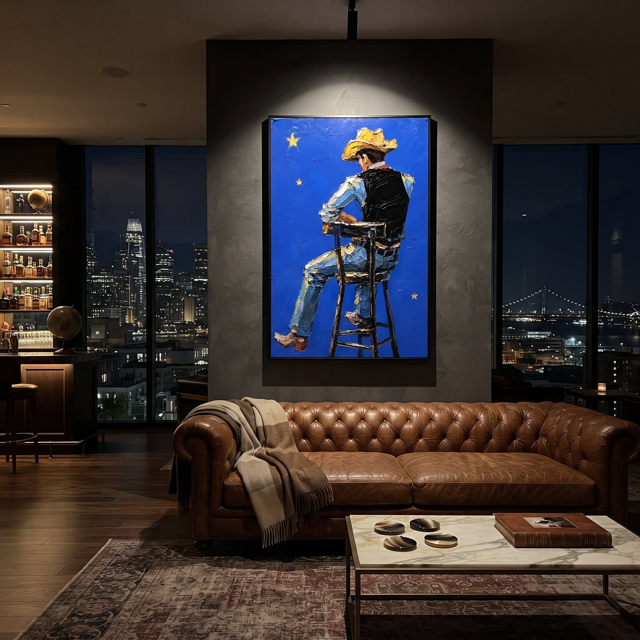 "Cream Hat Cowboy Portrait Painting" focuses on atmosphere, surface movement, and sculptural heavy impasto craftsmanship rather than a fixed literal storyline. The composition uses this hand-painted vertical canvas presents a quiet cowboy portrait with a cream hat, rust brown face, soft green jacket, and scraped ivory plaster background as the visual anchor, while layered palette-knife paint, raised plaster-like texture, and softened brush movement create tactile depth across the canvas. Curated