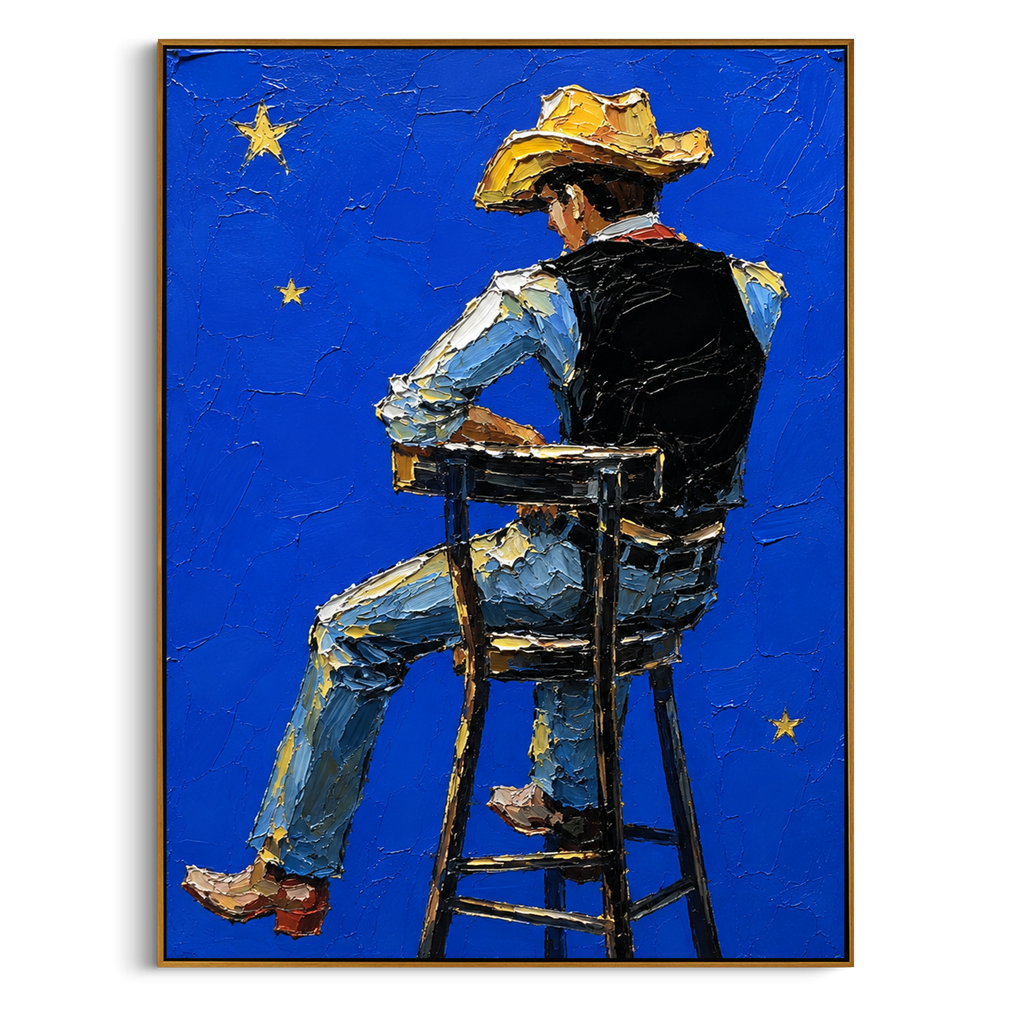 "Rear View Blue Cowboy Painting" focuses on atmosphere, surface movement, and sculptural heavy impasto craftsmanship rather than a fixed literal storyline. The composition uses this hand-painted vertical canvas shows a cowboy from behind on a high chair, set against a saturated blue background with small yellow stars as the visual anchor, while layered palette-knife paint, raised plaster-like texture, and softened brush movement create tactile depth across the canvas. Curated with a balanced