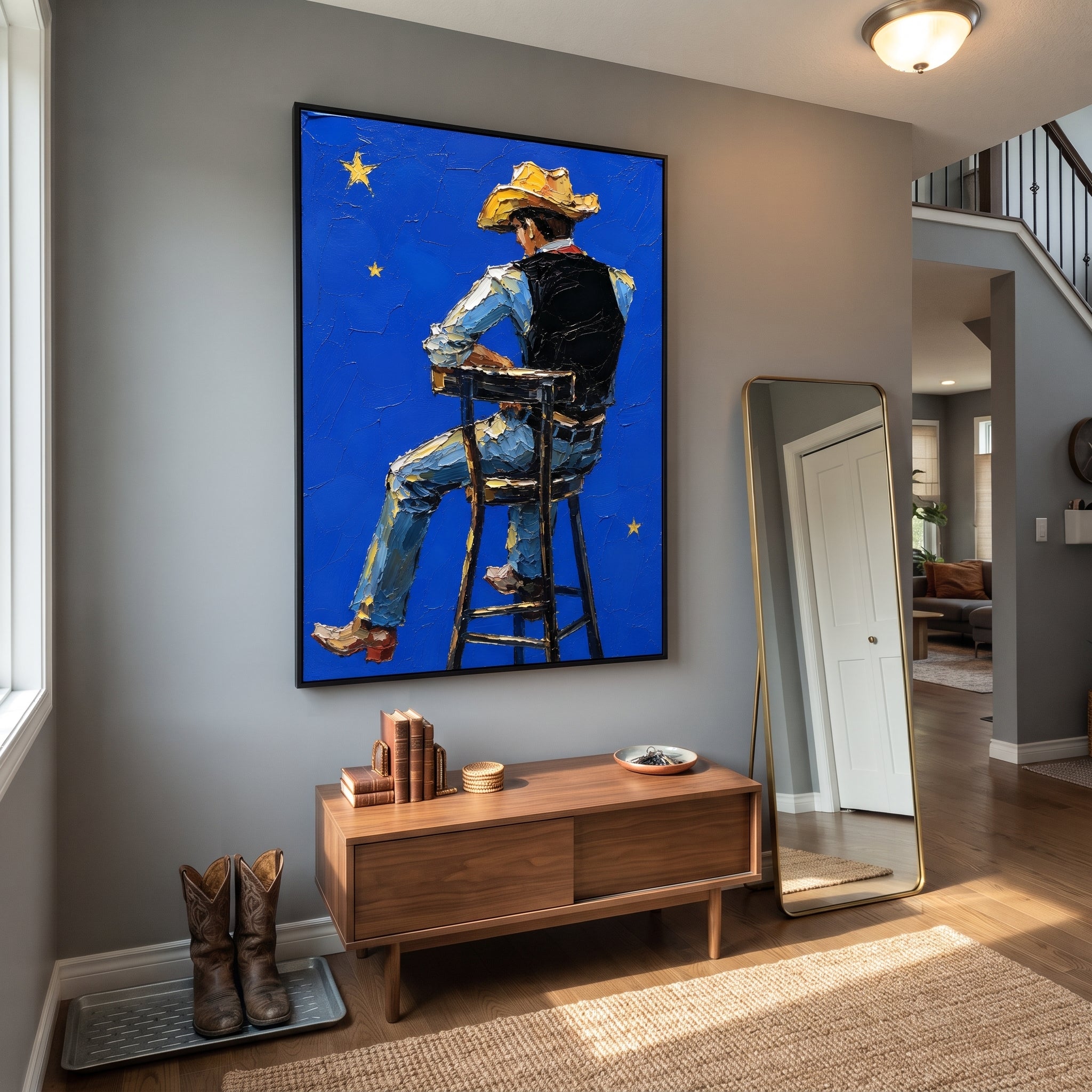 "Rear View Blue Cowboy Painting" focuses on atmosphere, surface movement, and sculptural heavy impasto craftsmanship rather than a fixed literal storyline. The composition uses this hand-painted vertical canvas shows a cowboy from behind on a high chair, set against a saturated blue background with small yellow stars as the visual anchor, while layered palette-knife paint, raised plaster-like texture, and softened brush movement create tactile depth across the canvas. Curated with a balanced