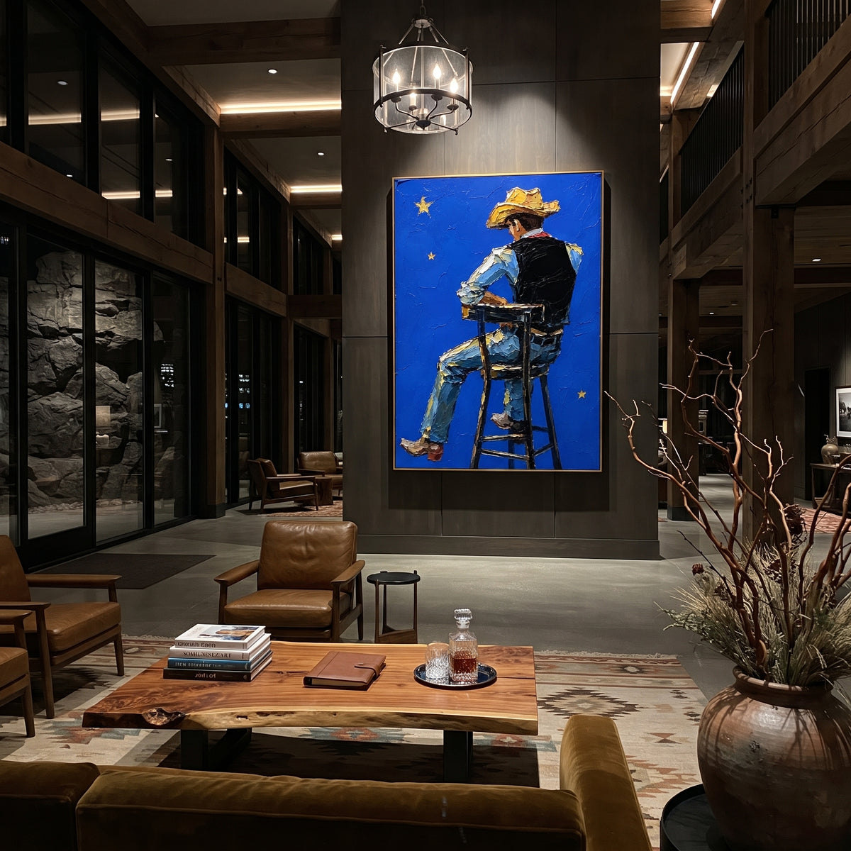 "Rear View Blue Cowboy Painting" focuses on atmosphere, surface movement, and sculptural heavy impasto craftsmanship rather than a fixed literal storyline. The composition uses this hand-painted vertical canvas shows a cowboy from behind on a high chair, set against a saturated blue background with small yellow stars as the visual anchor, while layered palette-knife paint, raised plaster-like texture, and softened brush movement create tactile depth across the canvas. Curated with a balanced