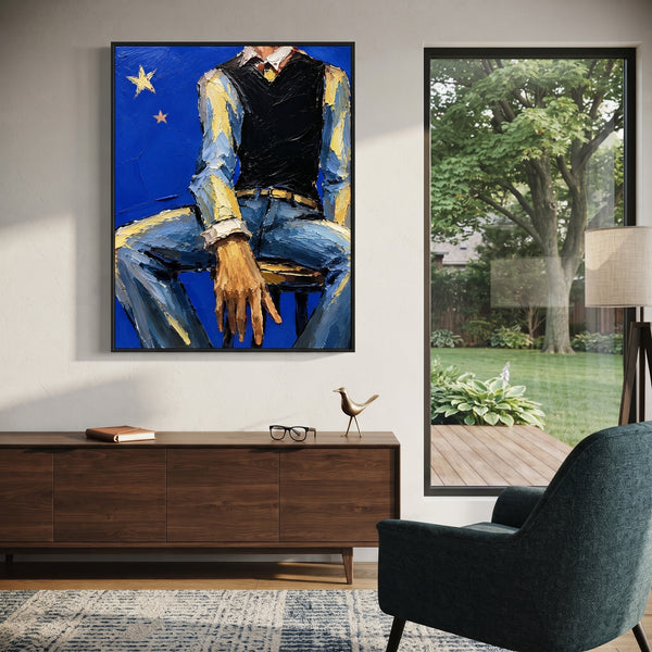 "Olive Coat Cowboy Painting" - Modern Heavy Impasto Western Animal Artwork | Green & Beige Palette Knife Painting | Luxury Vertical Wall Art #PT 1539