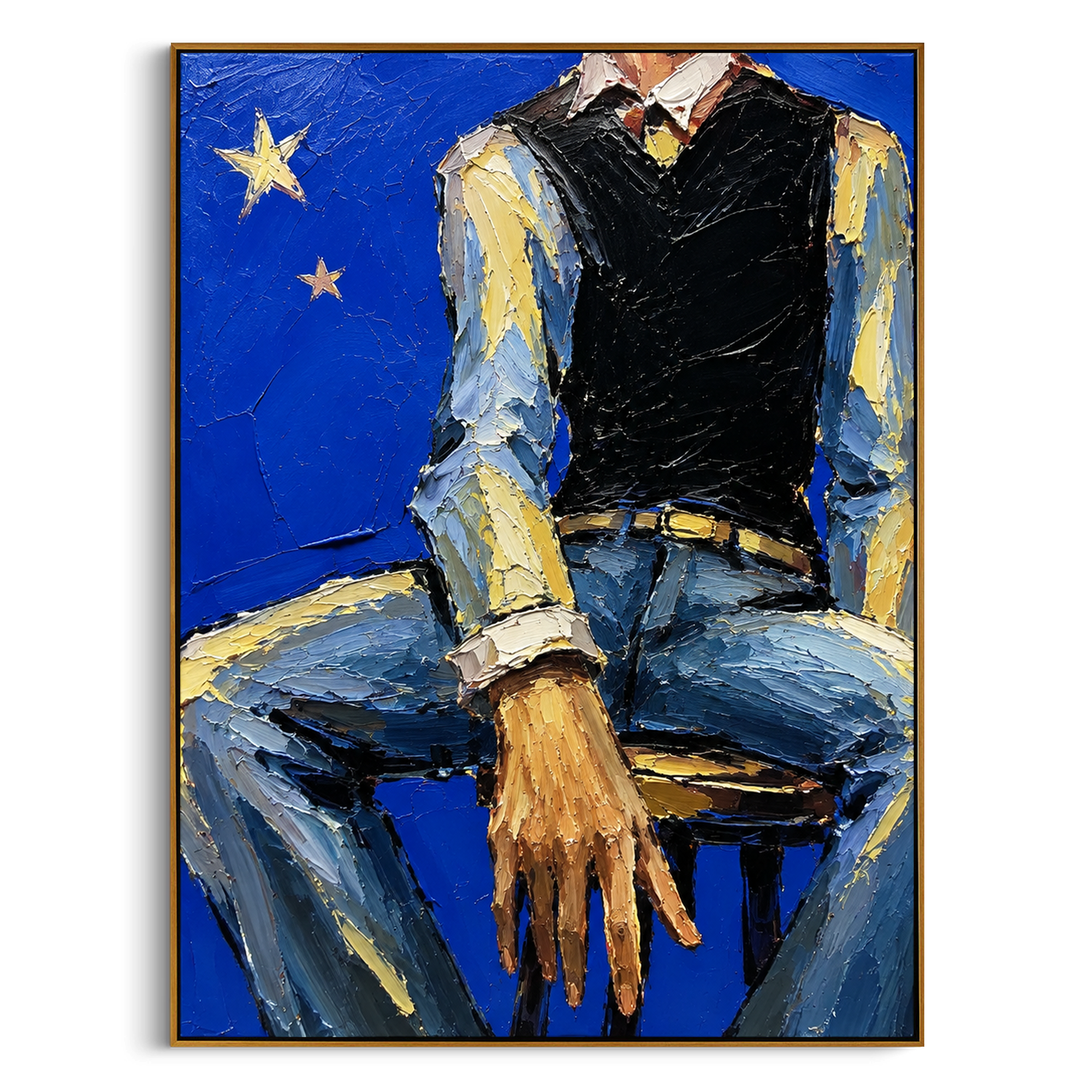 "Olive Coat Cowboy Painting" focuses on atmosphere, surface movement, and sculptural heavy impasto craftsmanship rather than a fixed literal storyline. The composition uses this hand-painted vertical canvas presents a cowboy figure wearing an olive green coat and pale hat, with warm sienna skin tones and dense plaster texture across the canvas as the visual anchor, while layered palette-knife paint, raised plaster-like texture, and softened brush movement create tactile depth across the canvas.