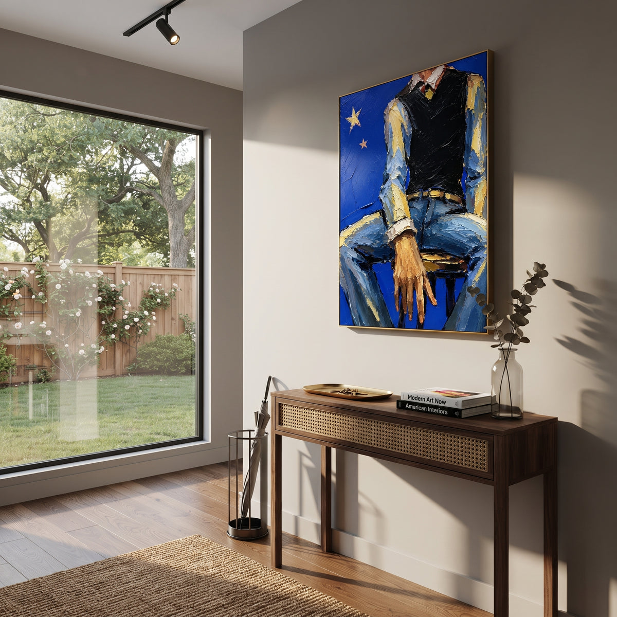 "Olive Coat Cowboy Painting" focuses on atmosphere, surface movement, and sculptural heavy impasto craftsmanship rather than a fixed literal storyline. The composition uses this hand-painted vertical canvas presents a cowboy figure wearing an olive green coat and pale hat, with warm sienna skin tones and dense plaster texture across the canvas as the visual anchor, while layered palette-knife paint, raised plaster-like texture, and softened brush movement create tactile depth across the canvas.