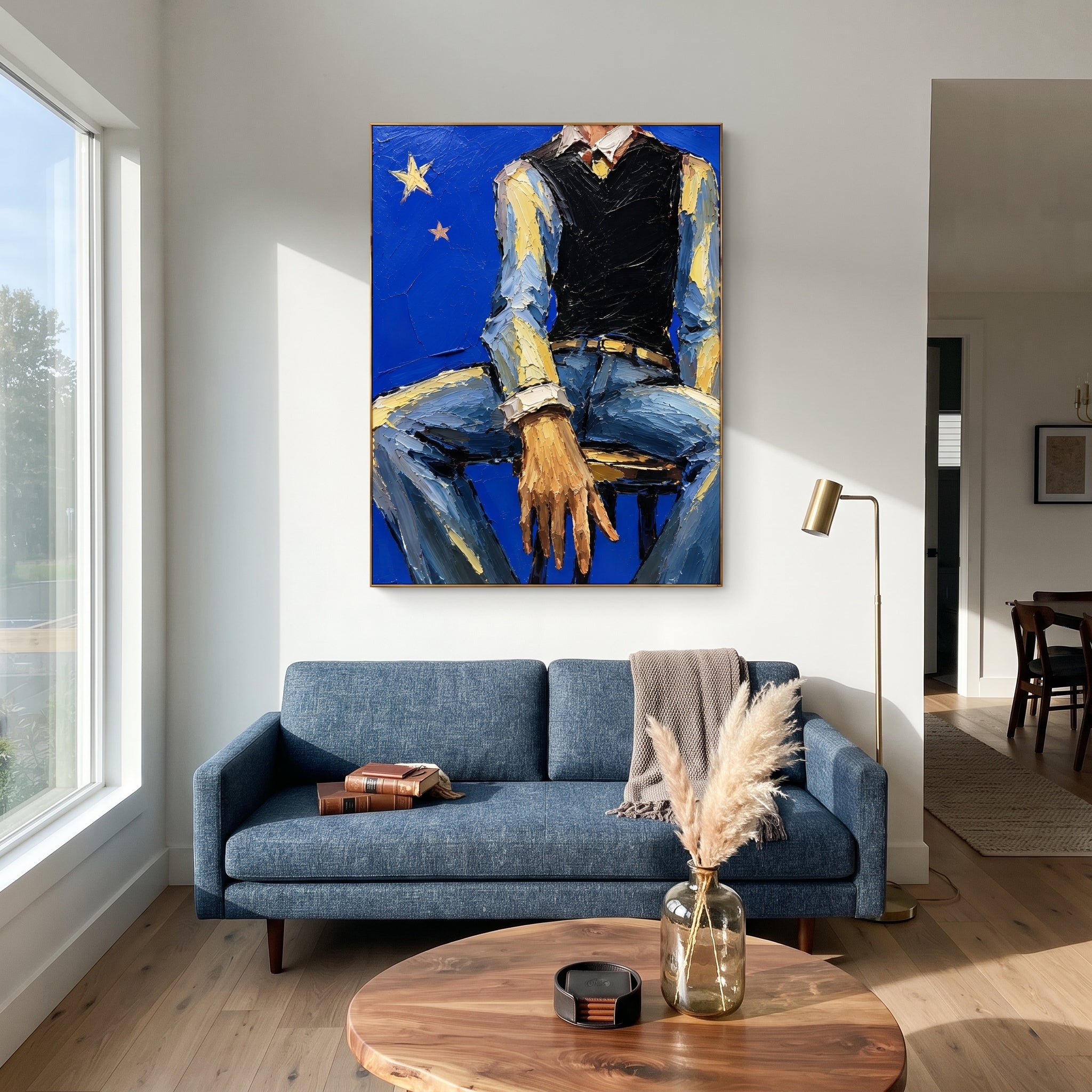 "Olive Coat Cowboy Painting" focuses on atmosphere, surface movement, and sculptural heavy impasto craftsmanship rather than a fixed literal storyline. The composition uses this hand-painted vertical canvas presents a cowboy figure wearing an olive green coat and pale hat, with warm sienna skin tones and dense plaster texture across the canvas as the visual anchor, while layered palette-knife paint, raised plaster-like texture, and softened brush movement create tactile depth across the canvas.