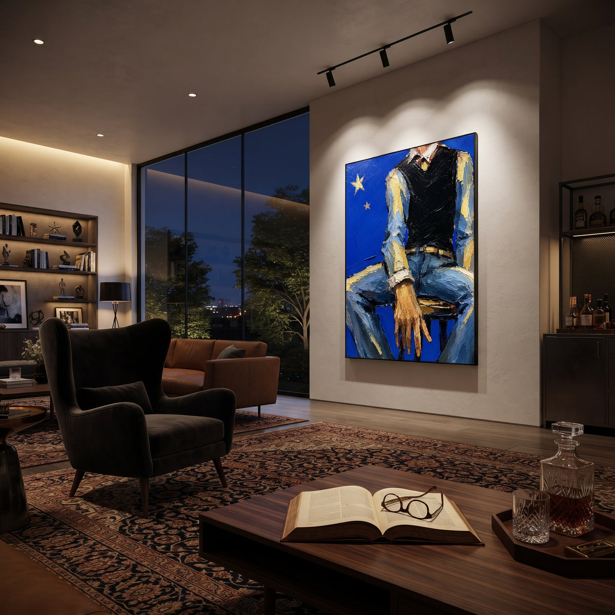 "Olive Coat Cowboy Painting" focuses on atmosphere, surface movement, and sculptural heavy impasto craftsmanship rather than a fixed literal storyline. The composition uses this hand-painted vertical canvas presents a cowboy figure wearing an olive green coat and pale hat, with warm sienna skin tones and dense plaster texture across the canvas as the visual anchor, while layered palette-knife paint, raised plaster-like texture, and softened brush movement create tactile depth across the canvas.