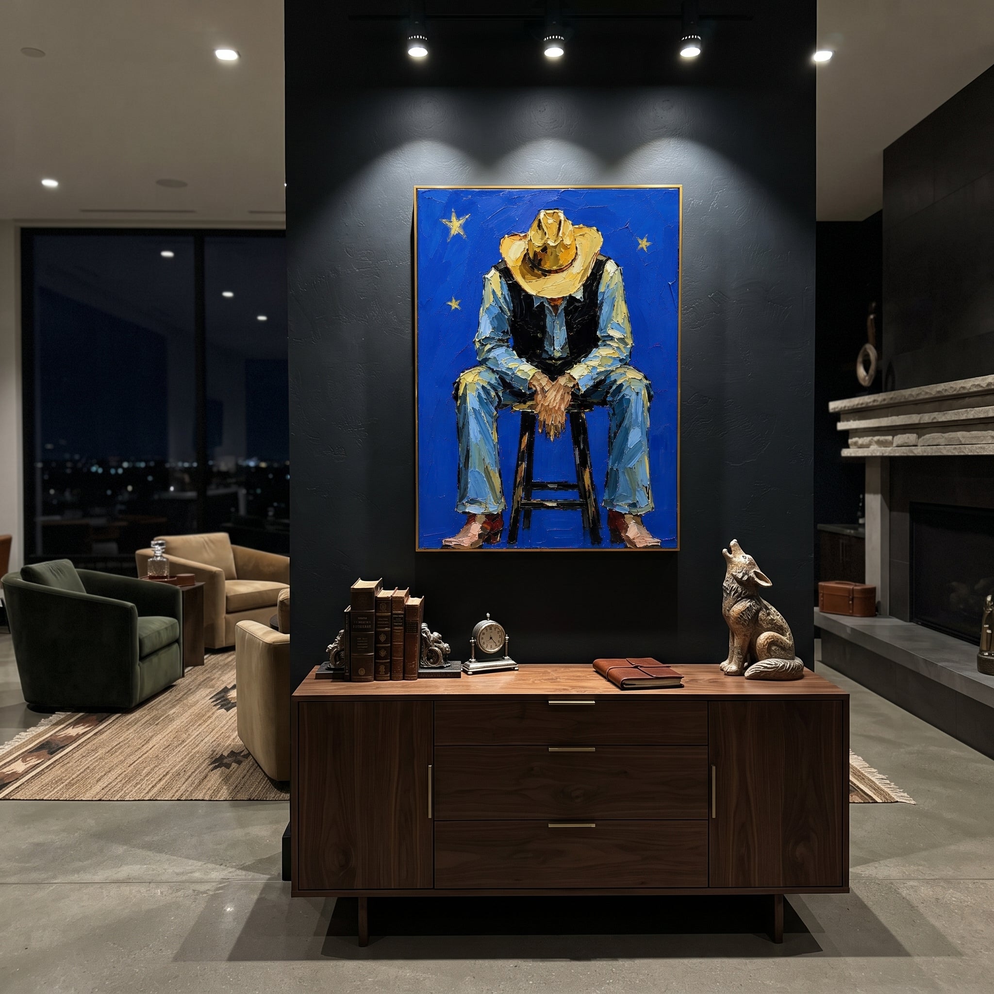 "Rust Face Cowboy Portrait Painting" focuses on atmosphere, surface movement, and sculptural heavy impasto craftsmanship rather than a fixed literal storyline. The composition uses this hand-painted vertical canvas presents a modern faceless cowboy portrait with burnt orange face tones, a sand colored hat, and muted green outerwear on a cream ground as the visual anchor, while layered palette-knife paint, raised plaster-like texture, and softened brush movement create tactile depth across the