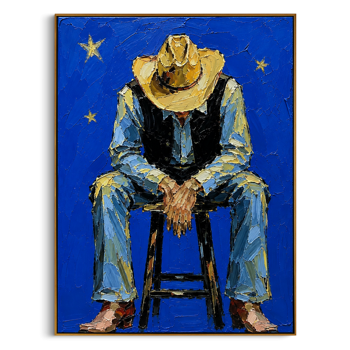 "Bowed Hat Blue Cowboy Painting" - Modern Heavy Impasto Western Animal Artwork | Blue & Beige Palette Knife Painting | Luxury Vertical Wall Art #PT 1541