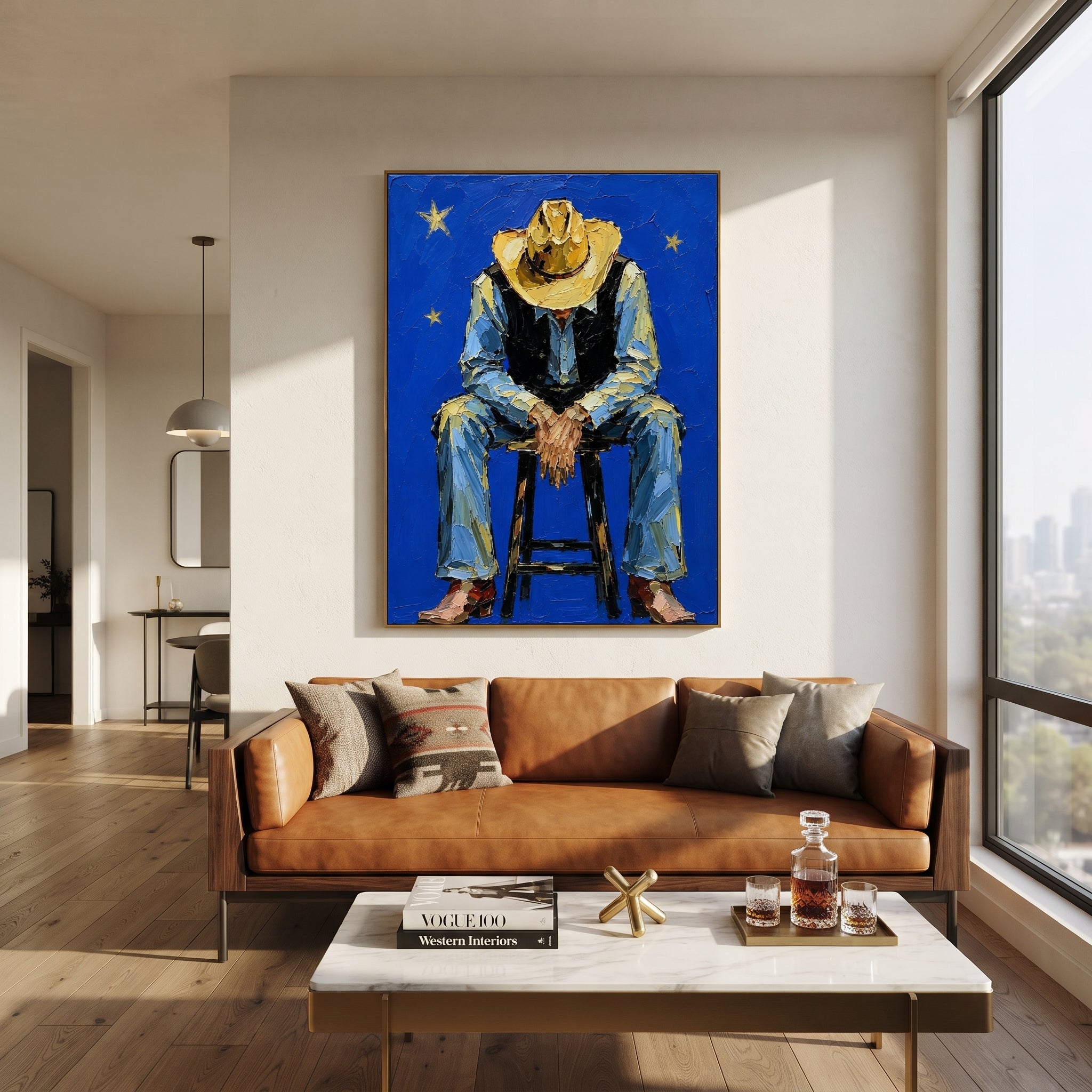 "Bowed Hat Blue Cowboy Painting" focuses on atmosphere, surface movement, and sculptural heavy impasto craftsmanship rather than a fixed literal storyline. The composition uses this hand-painted vertical canvas depicts a cowboy sitting forward on a stool, head lowered beneath a tan hat and hands resting between blue denim legs as the visual anchor, while layered palette-knife paint, raised plaster-like texture, and softened brush movement create tactile depth across the canvas. Curated with a