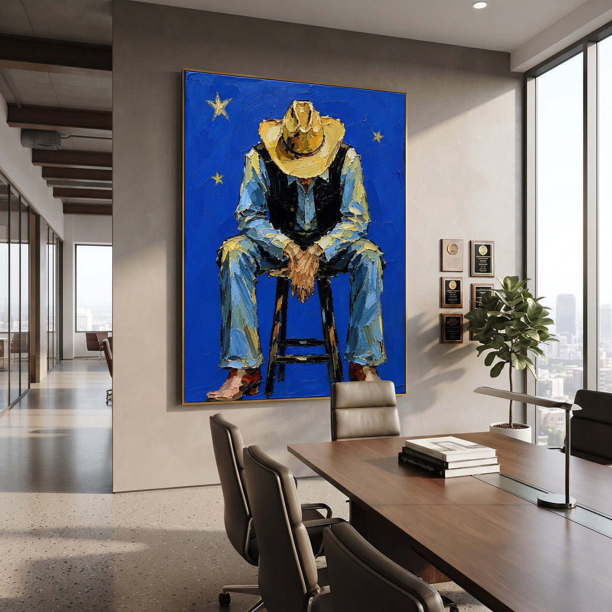 "Bowed Hat Blue Cowboy Painting" focuses on atmosphere, surface movement, and sculptural heavy impasto craftsmanship rather than a fixed literal storyline. The composition uses this hand-painted vertical canvas depicts a cowboy sitting forward on a stool, head lowered beneath a tan hat and hands resting between blue denim legs as the visual anchor, while layered palette-knife paint, raised plaster-like texture, and softened brush movement create tactile depth across the canvas. Curated with a