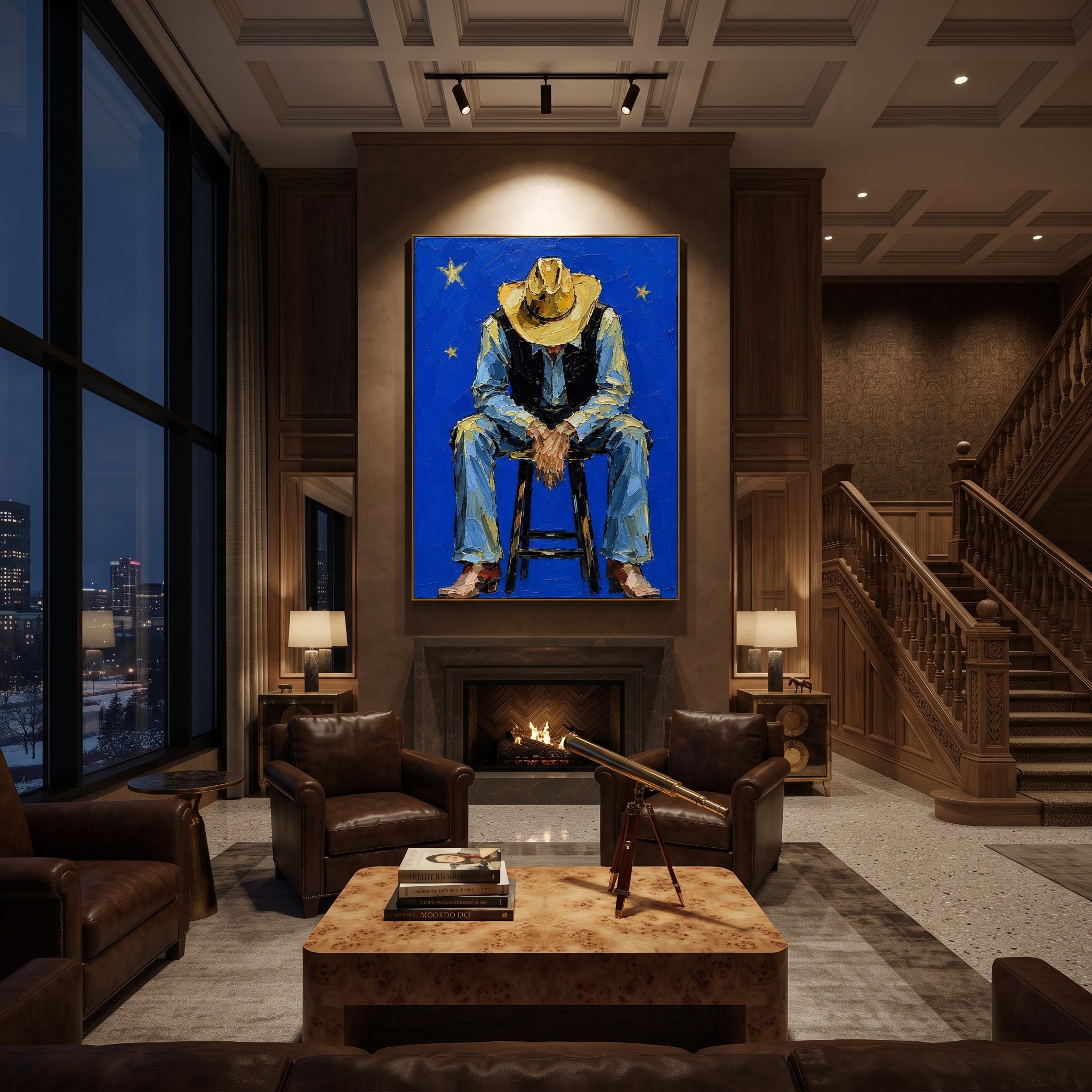 "Bowed Hat Blue Cowboy Painting" focuses on atmosphere, surface movement, and sculptural heavy impasto craftsmanship rather than a fixed literal storyline. The composition uses this hand-painted vertical canvas depicts a cowboy sitting forward on a stool, head lowered beneath a tan hat and hands resting between blue denim legs as the visual anchor, while layered palette-knife paint, raised plaster-like texture, and softened brush movement create tactile depth across the canvas. Curated with a
